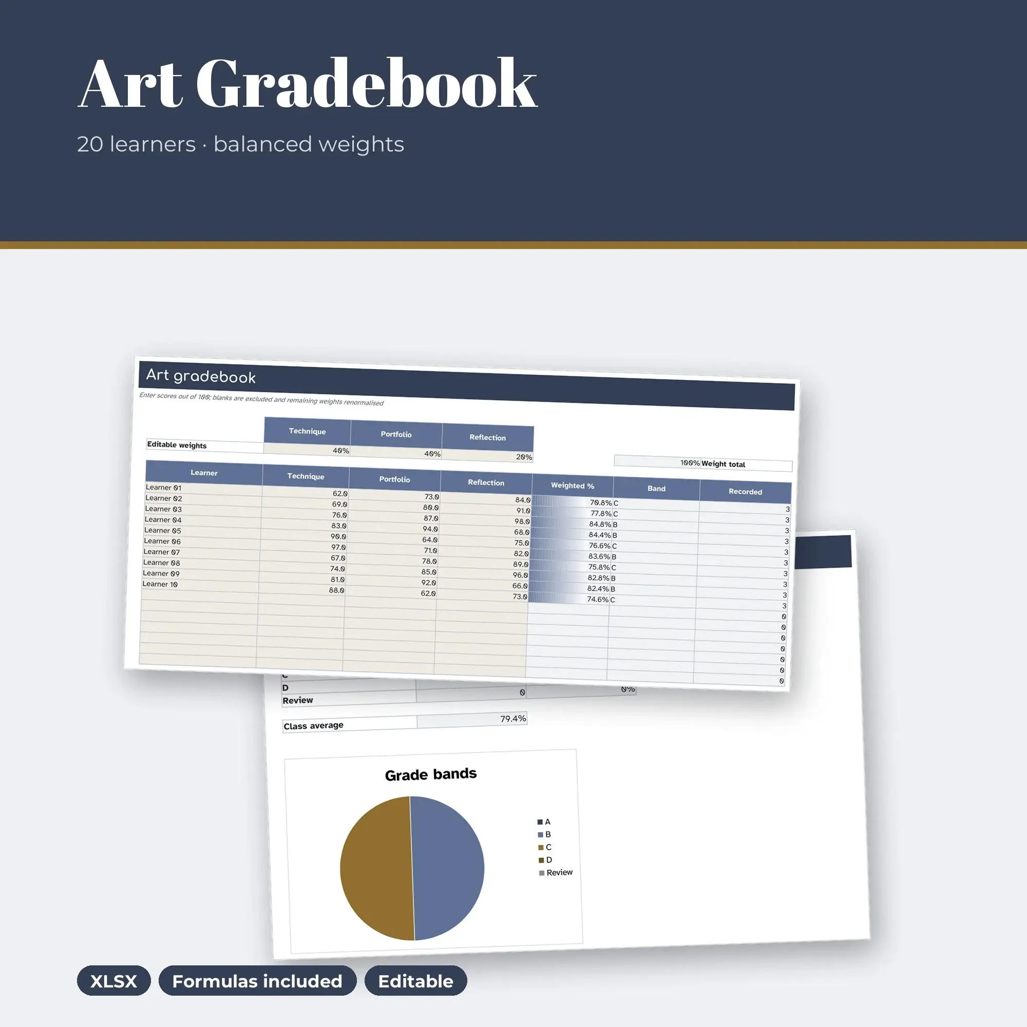 Art Gradebook Spreadsheet, Balanced 20-Student Edition (XLSX) preview