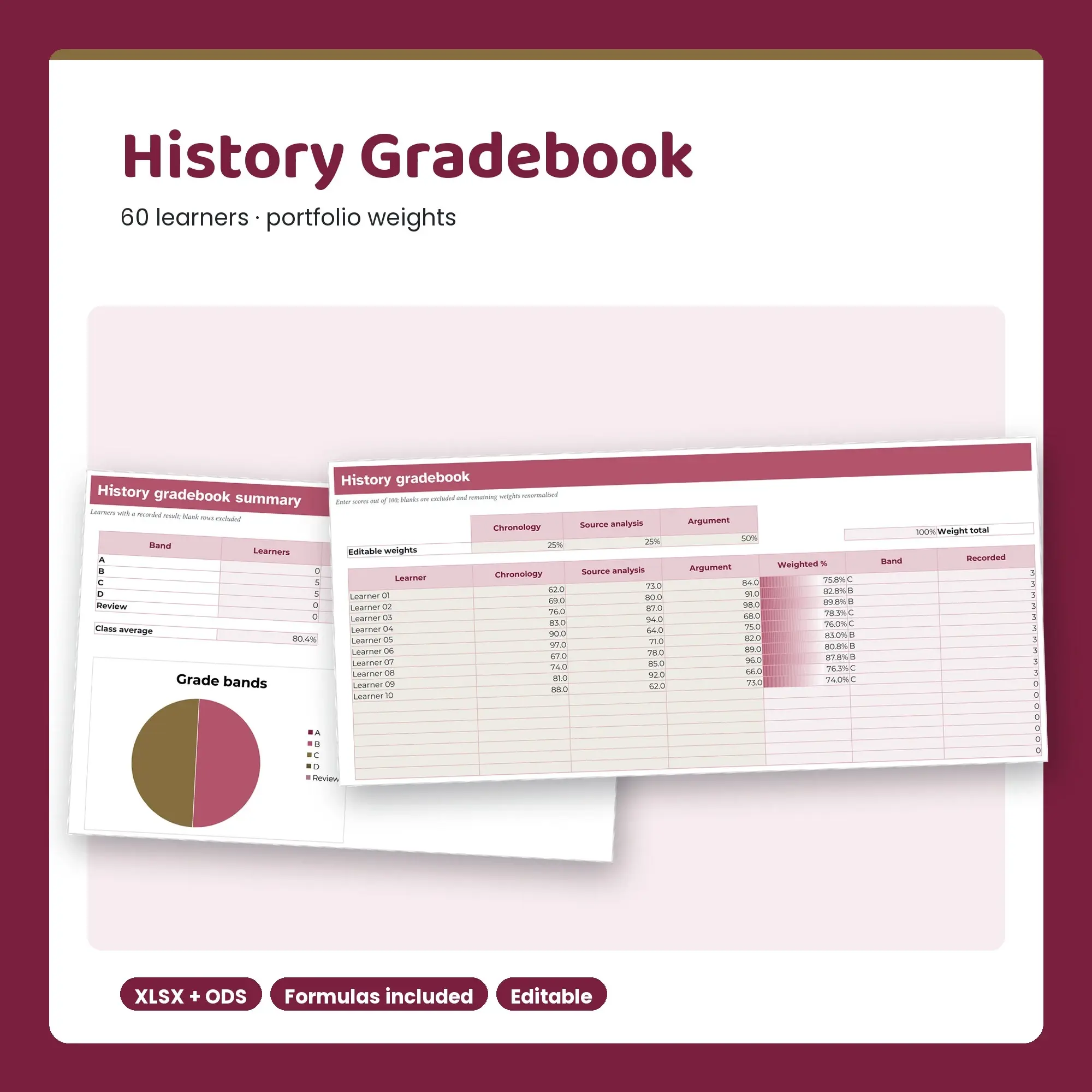 History Gradebook Spreadsheet, Portfolio 60-Student Edition (XLSX + ODS), preview 1 of 2