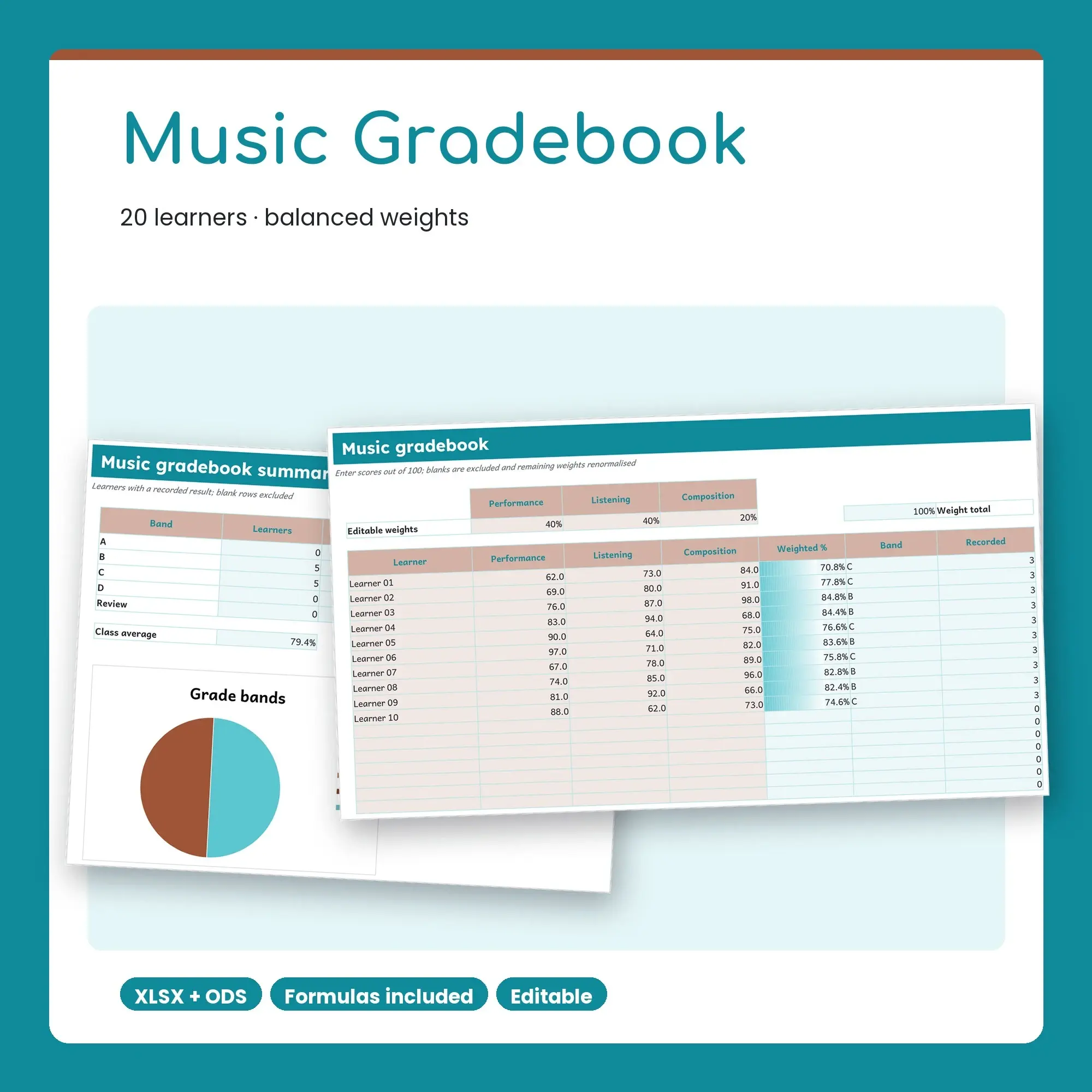 Music Gradebook Spreadsheet, Balanced 20-Student Edition (XLSX + ODS) preview