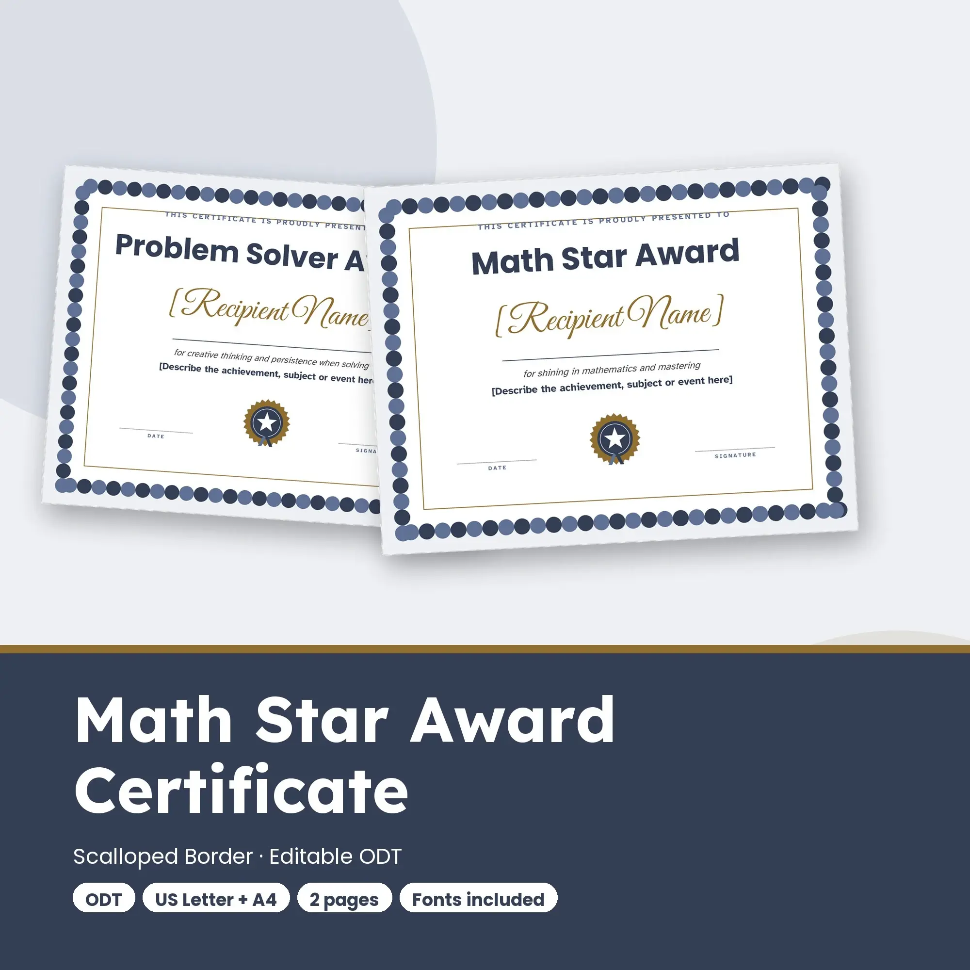 Math Star Award Certificate Template, Scalloped Border (ODT) preview