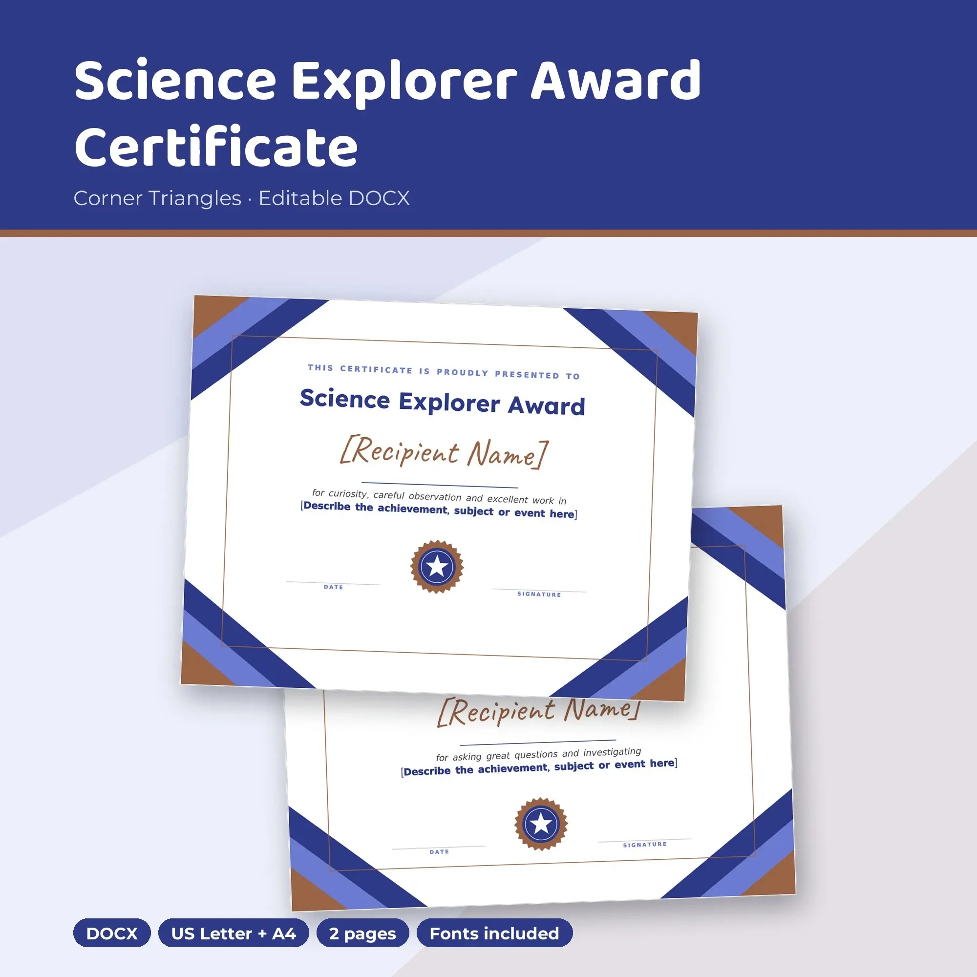 Science Explorer Award Certificate Template, Corner Triangles (DOCX) preview