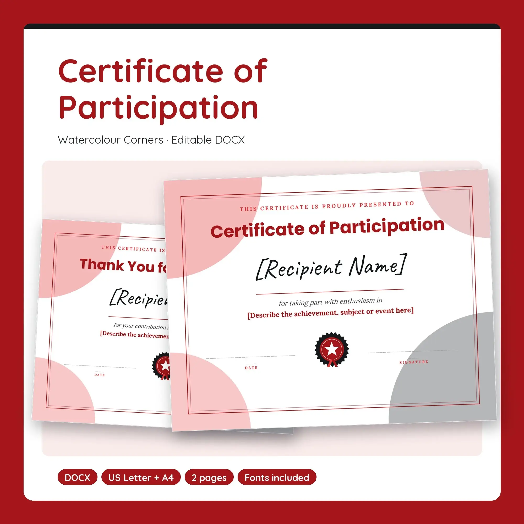 Certificate of Participation Template, Watercolour Corners (DOCX) preview