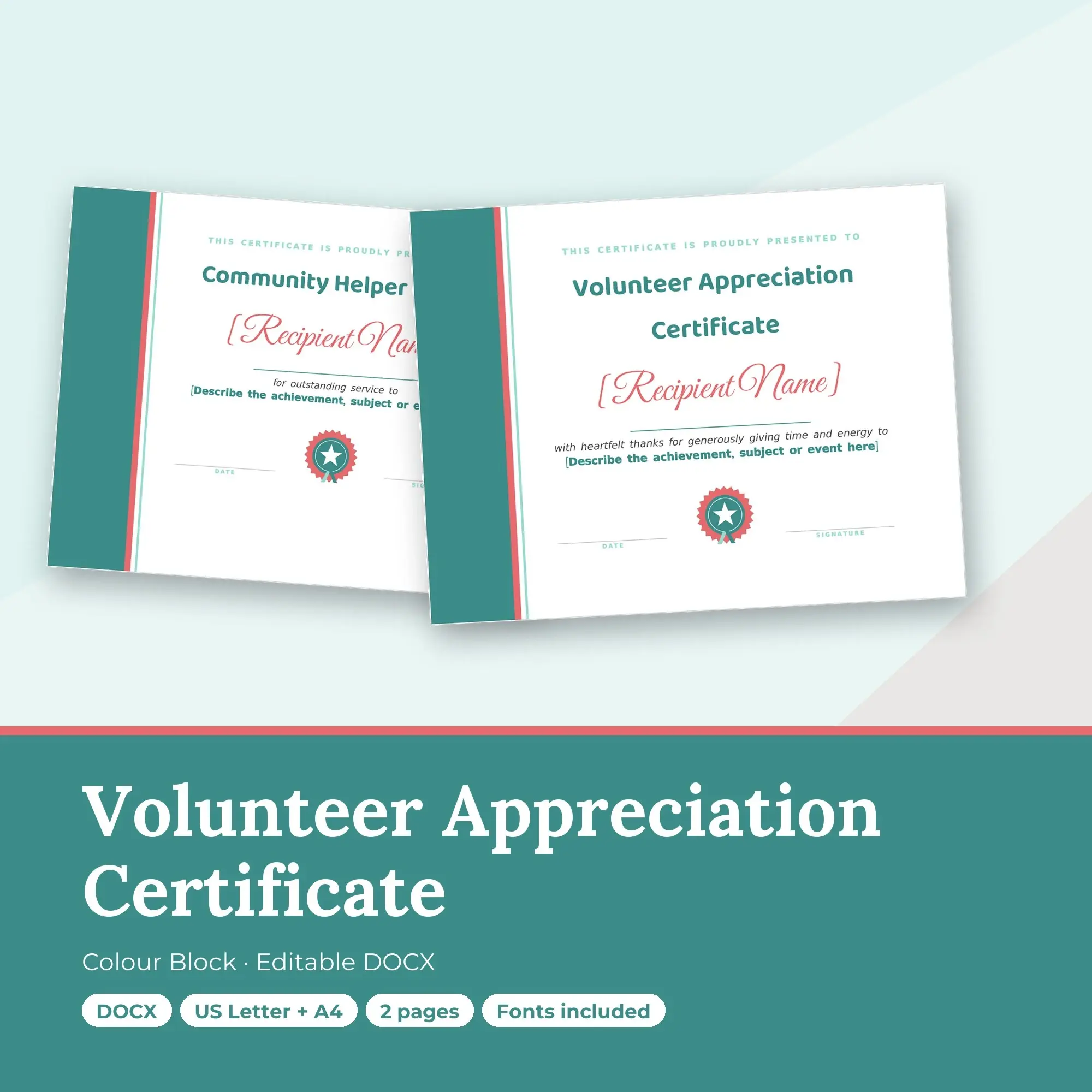 Volunteer Appreciation Certificate Template, Colour Block (DOCX) preview