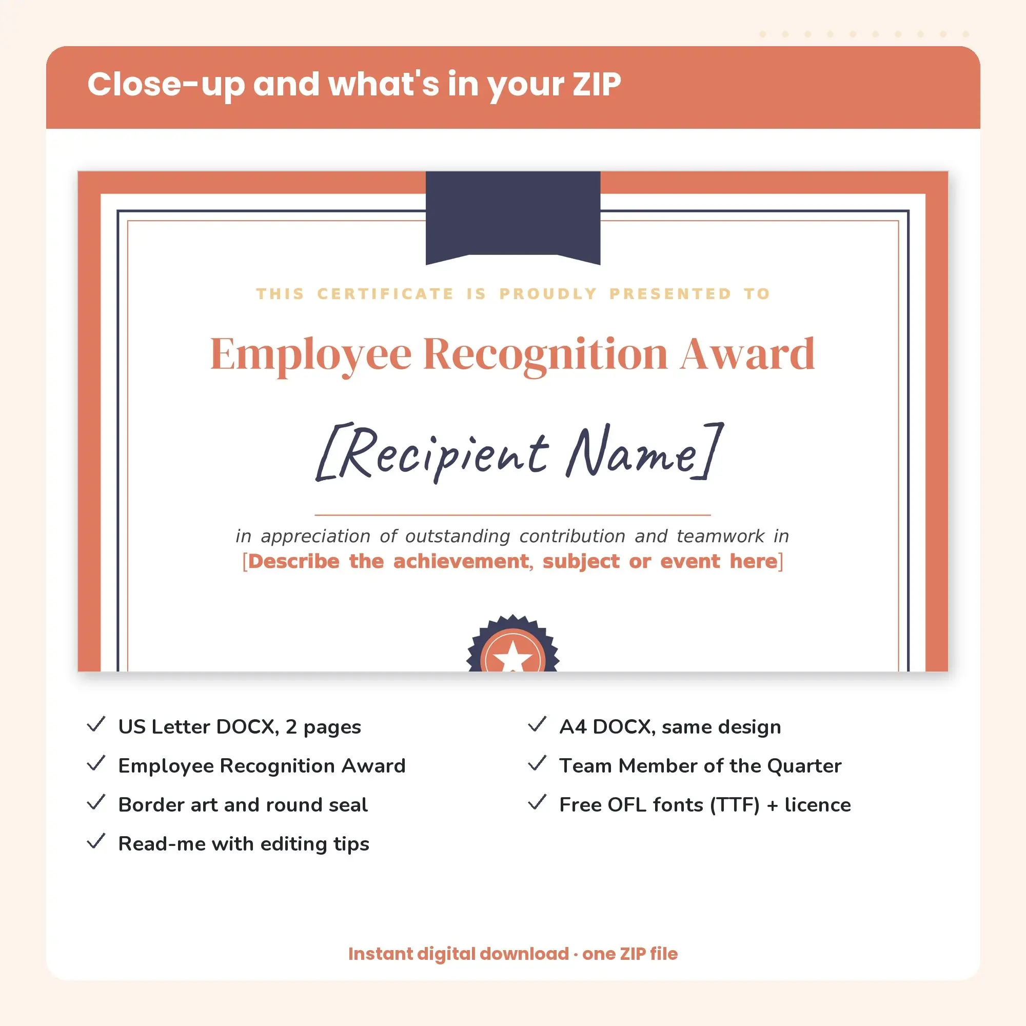 Employee Recognition Award Certificate Template, Ribbon Band (DOCX), preview 2 of 2
