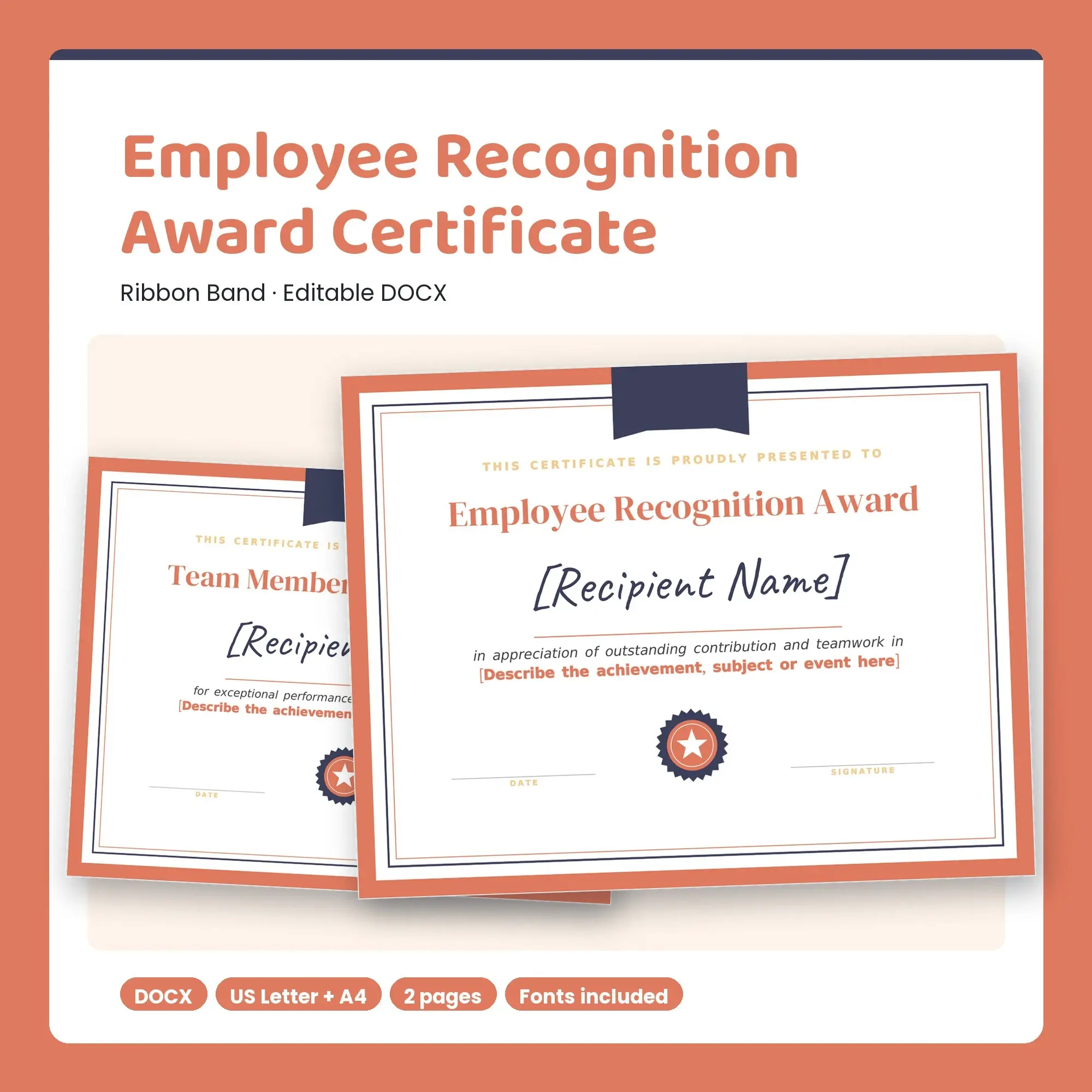 Employee Recognition Award Certificate Template, Ribbon Band (DOCX) preview