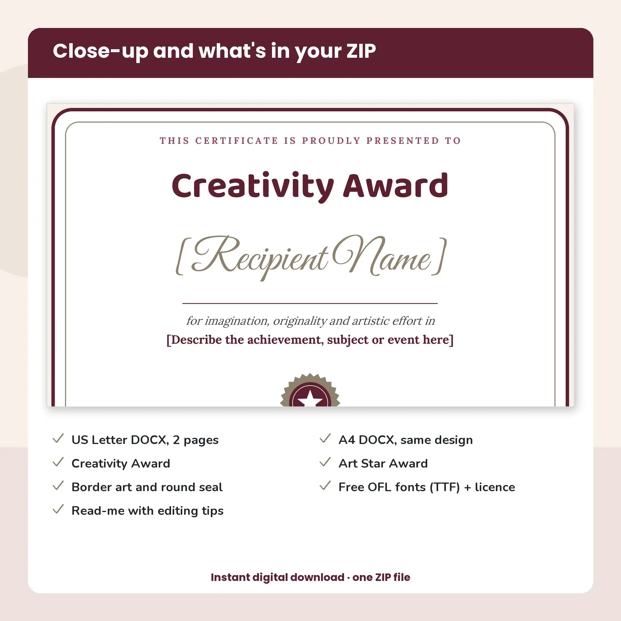 Creativity Award Certificate Template, Rounded Frame (DOCX), preview 2 of 2