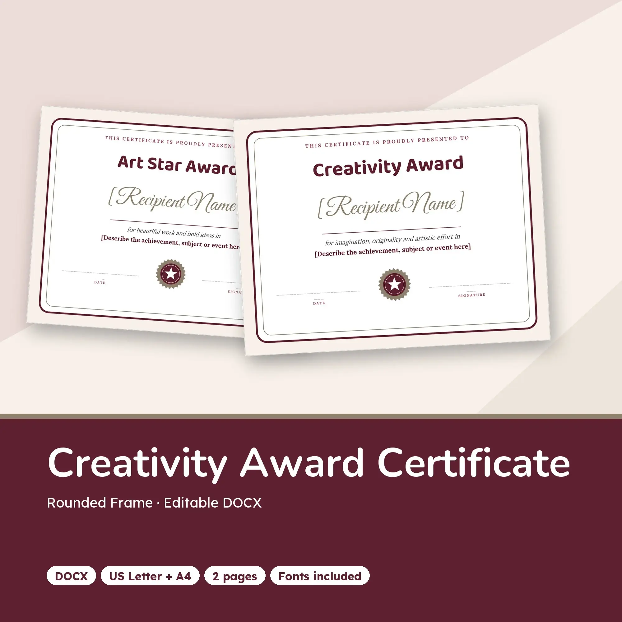 Creativity Award Certificate Template, Rounded Frame (DOCX), preview 1 of 2