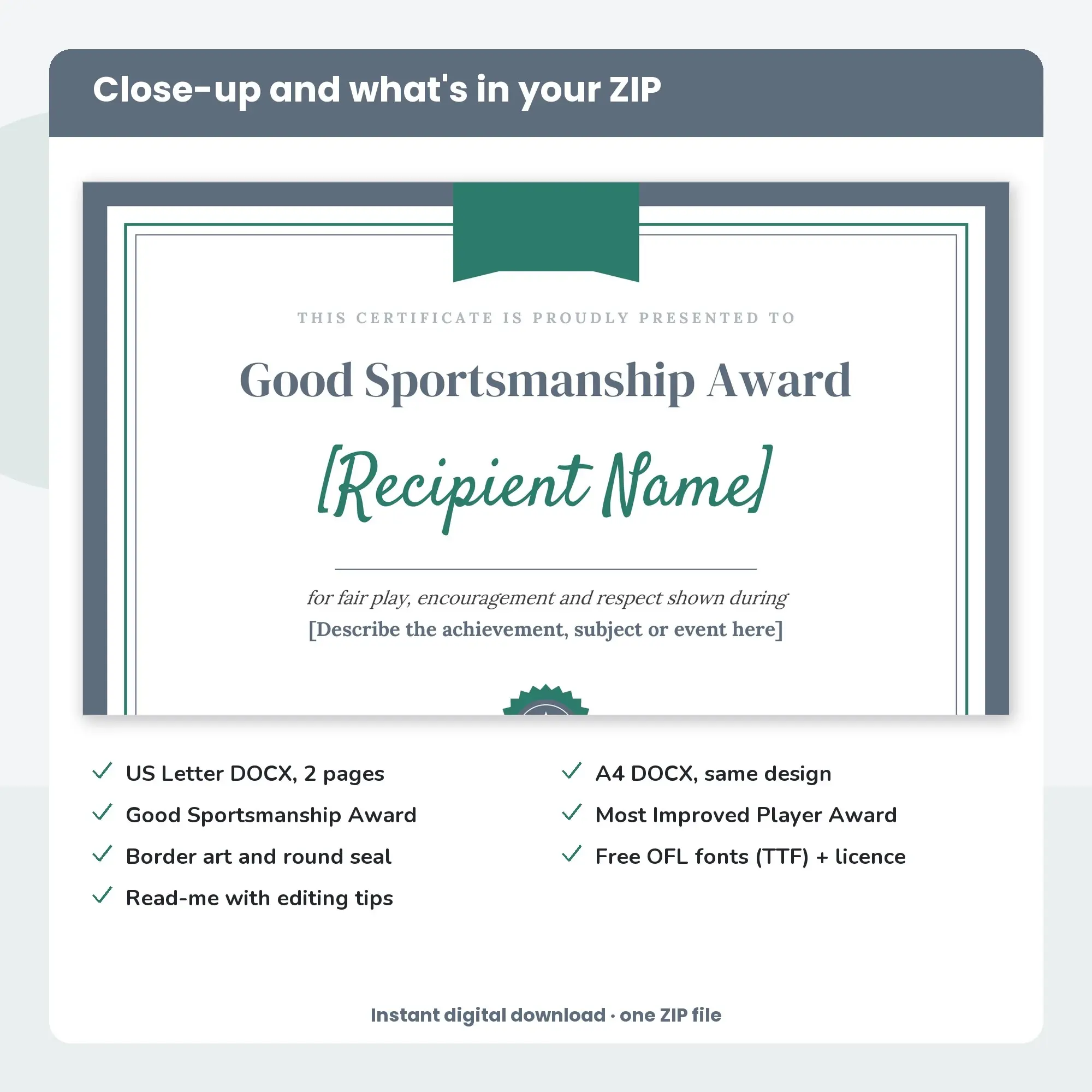 Good Sportsmanship Award Certificate Template, Ribbon Band (DOCX), preview 2 of 2