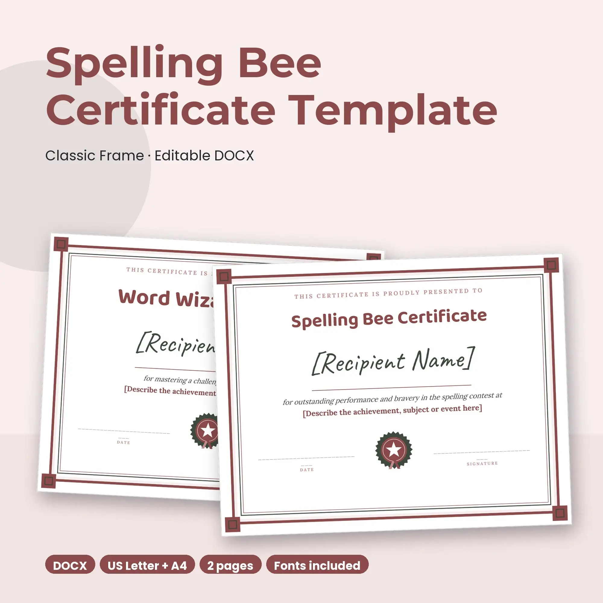 Spelling Bee Certificate Template, Classic Frame (DOCX) preview