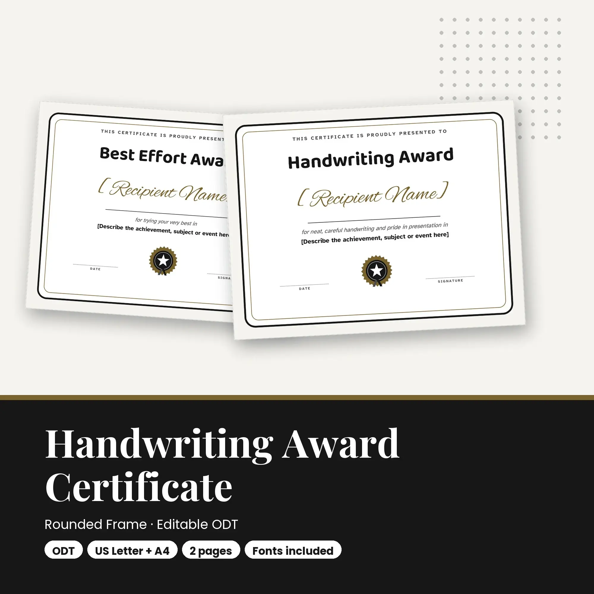 Handwriting Award Certificate Template, Rounded Frame (ODT) preview