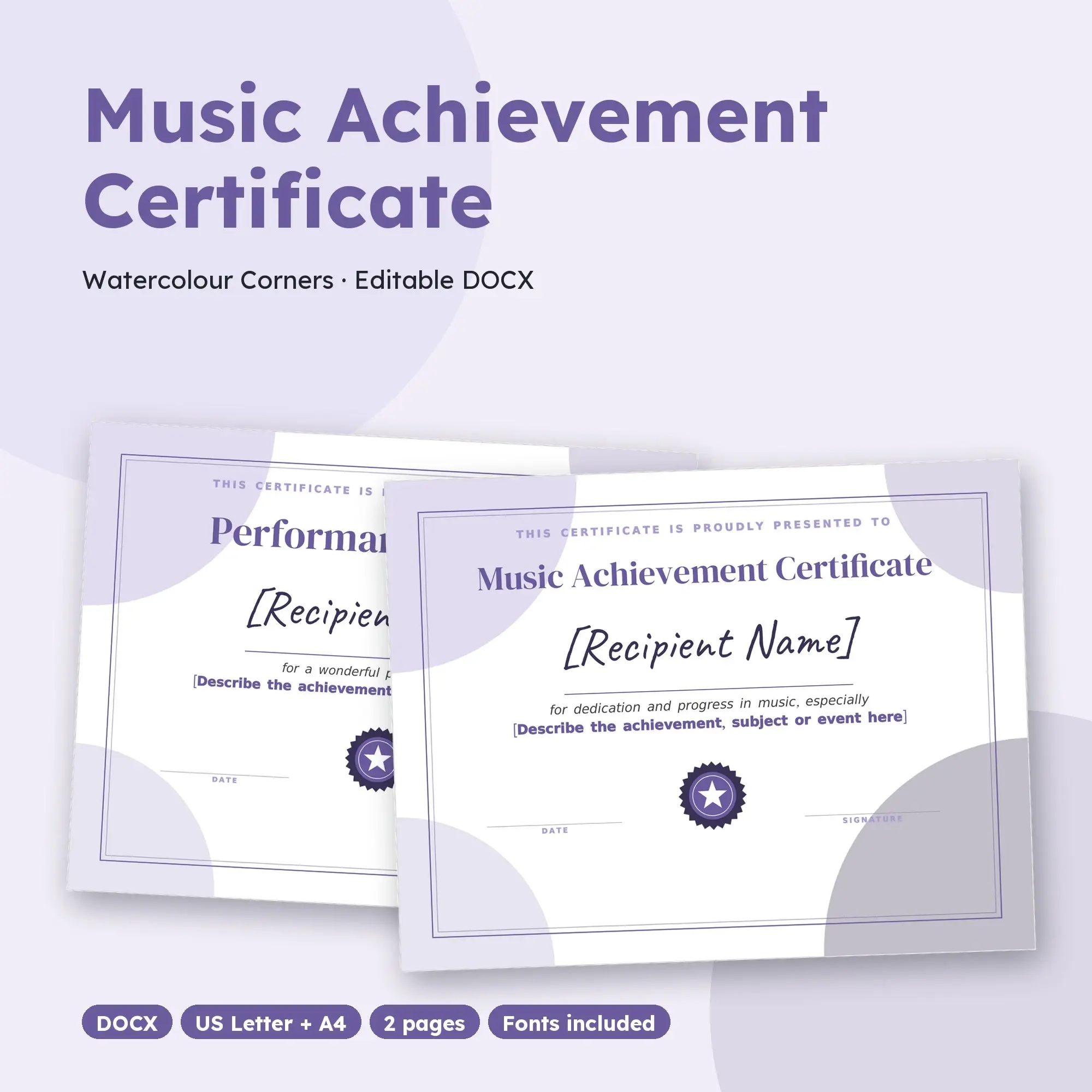 Music Achievement Certificate Template, Watercolour Corners (DOCX) preview
