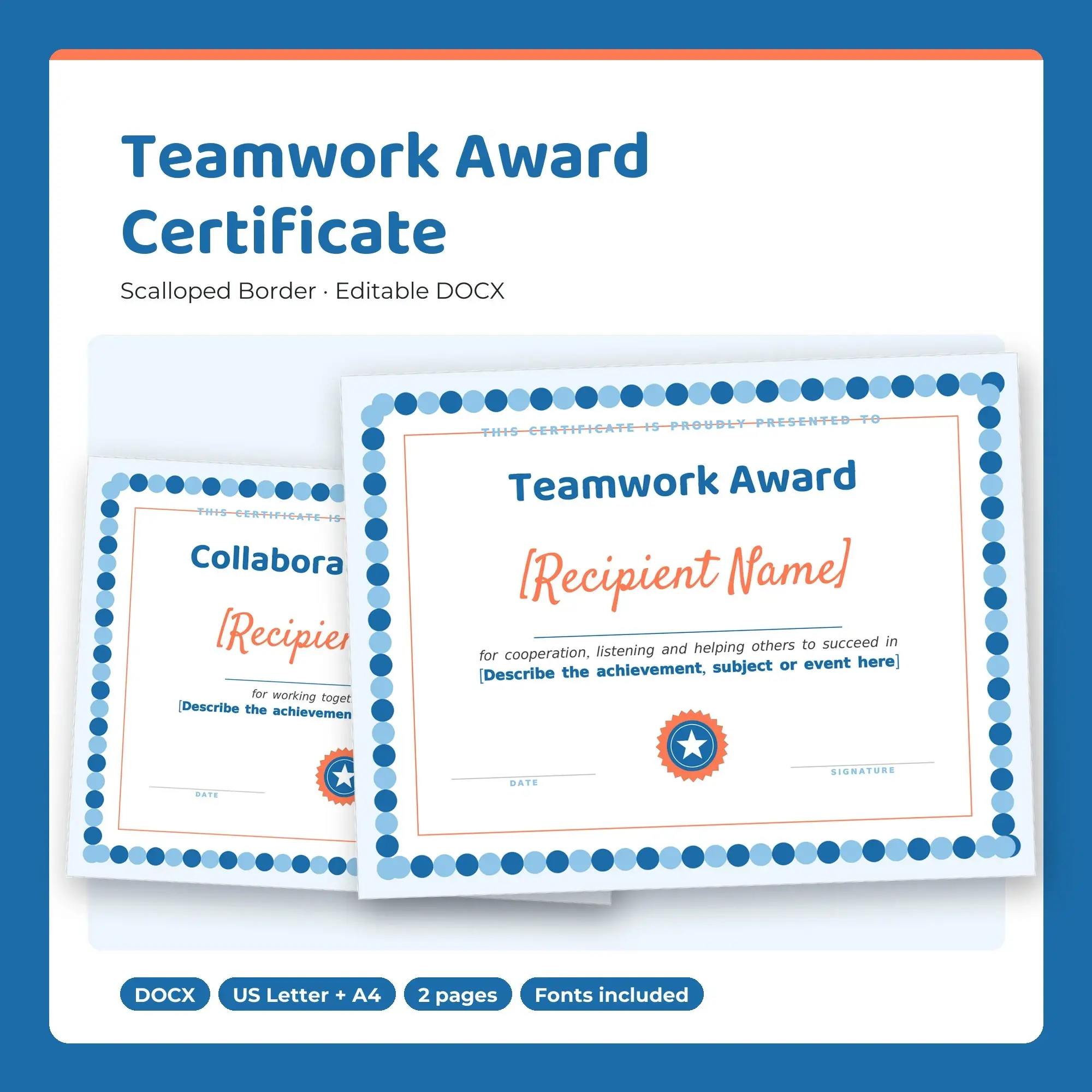 Teamwork Award Certificate Template, Scalloped Border (DOCX) preview