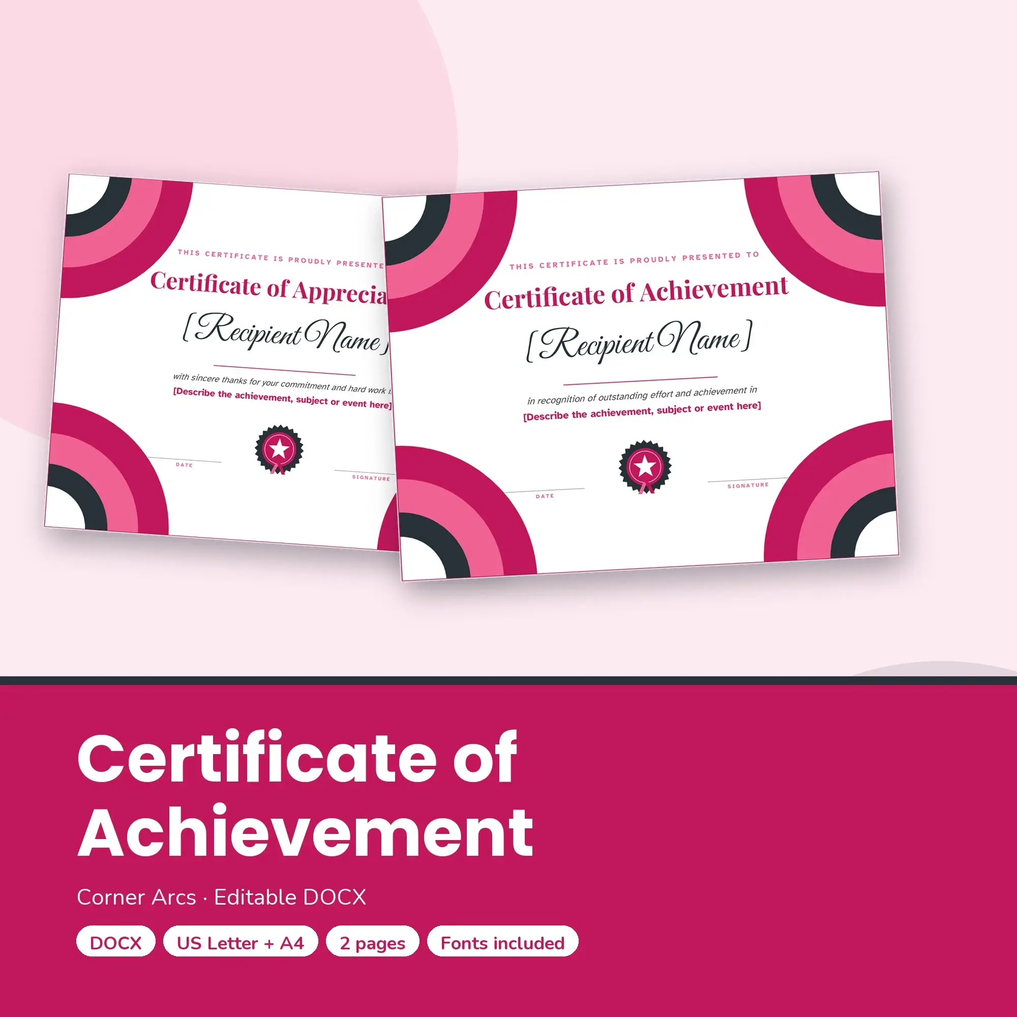 Certificate of Achievement Template, Corner Arcs (DOCX) preview