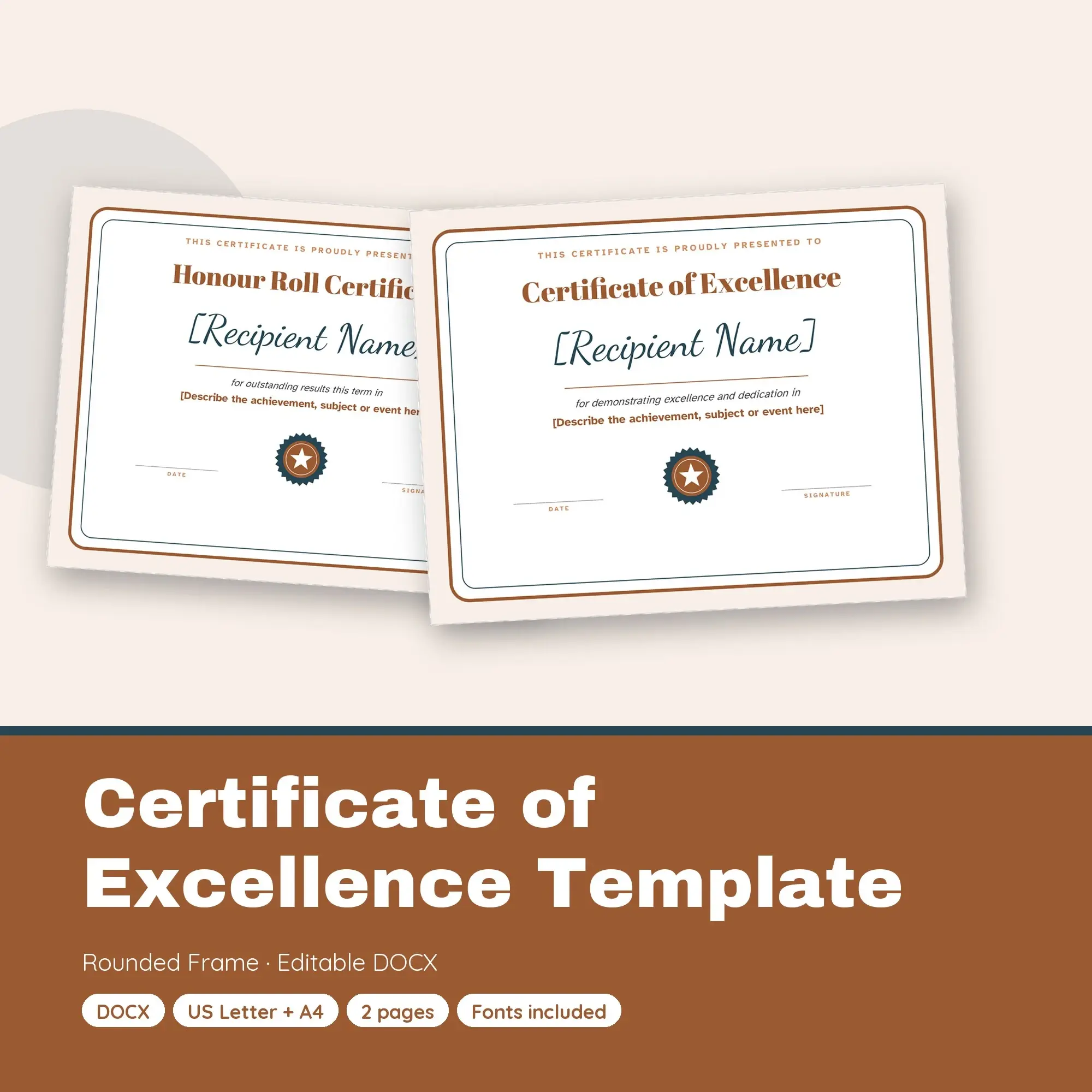 Certificate of Excellence Template, Rounded Frame (DOCX) preview