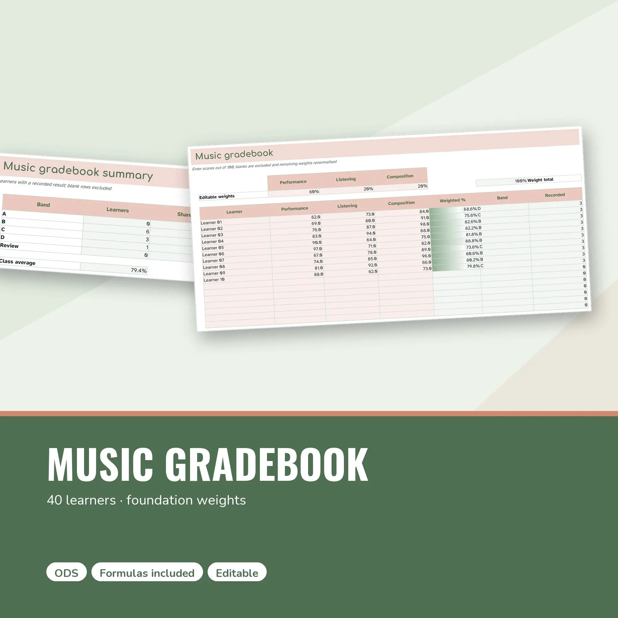 Music Gradebook Spreadsheet, Foundation 40-Student Edition (ODS), preview 1 of 2