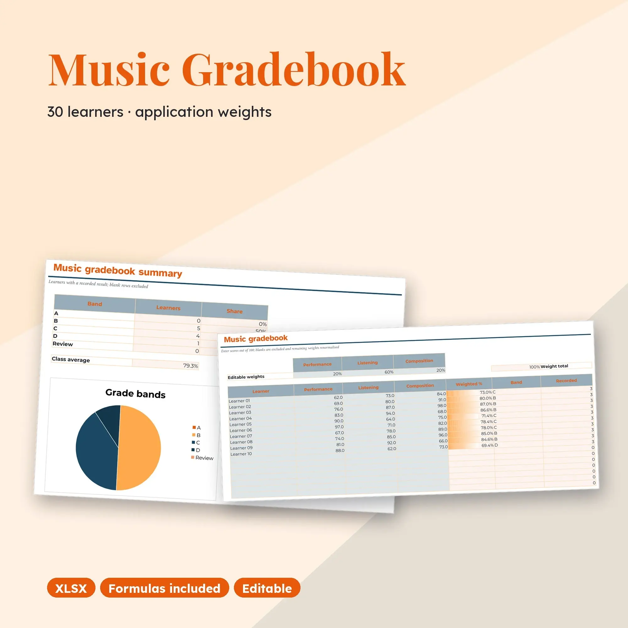 Music Gradebook Spreadsheet, Application 30-Student Edition (XLSX) preview