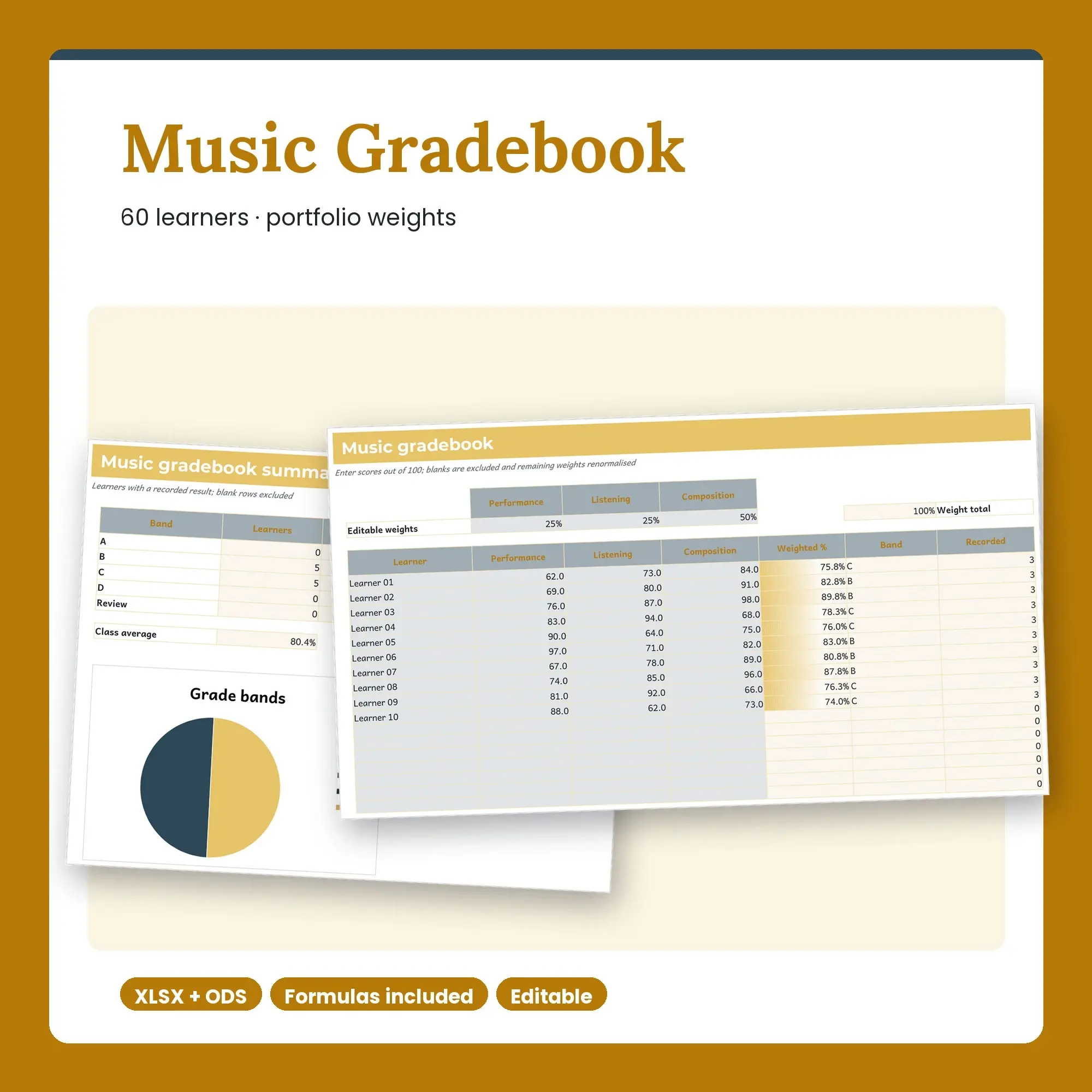 Music Gradebook Spreadsheet, Portfolio 60-Student Edition (XLSX + ODS) preview