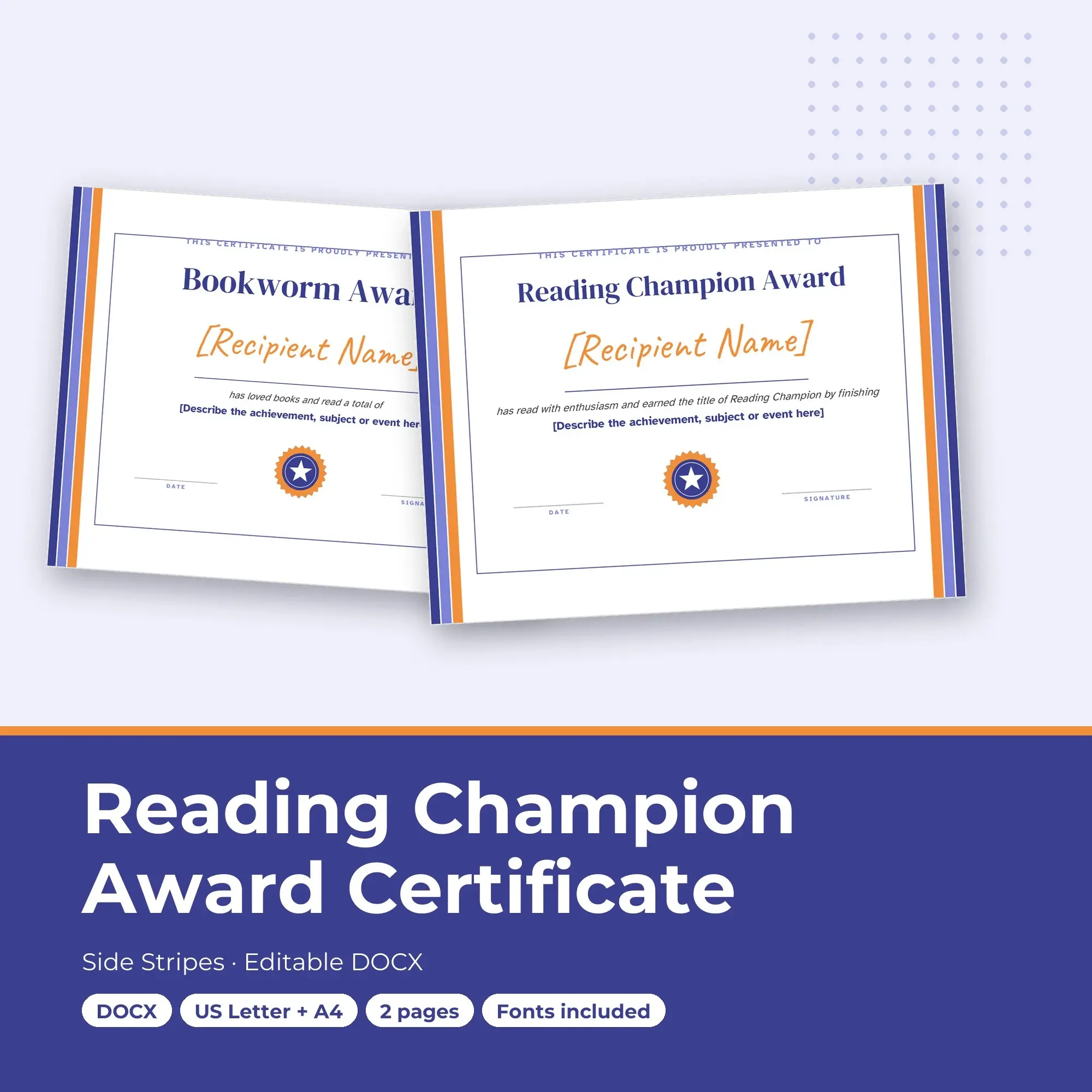 Reading Champion Award Certificate Template, Side Stripes (DOCX) preview