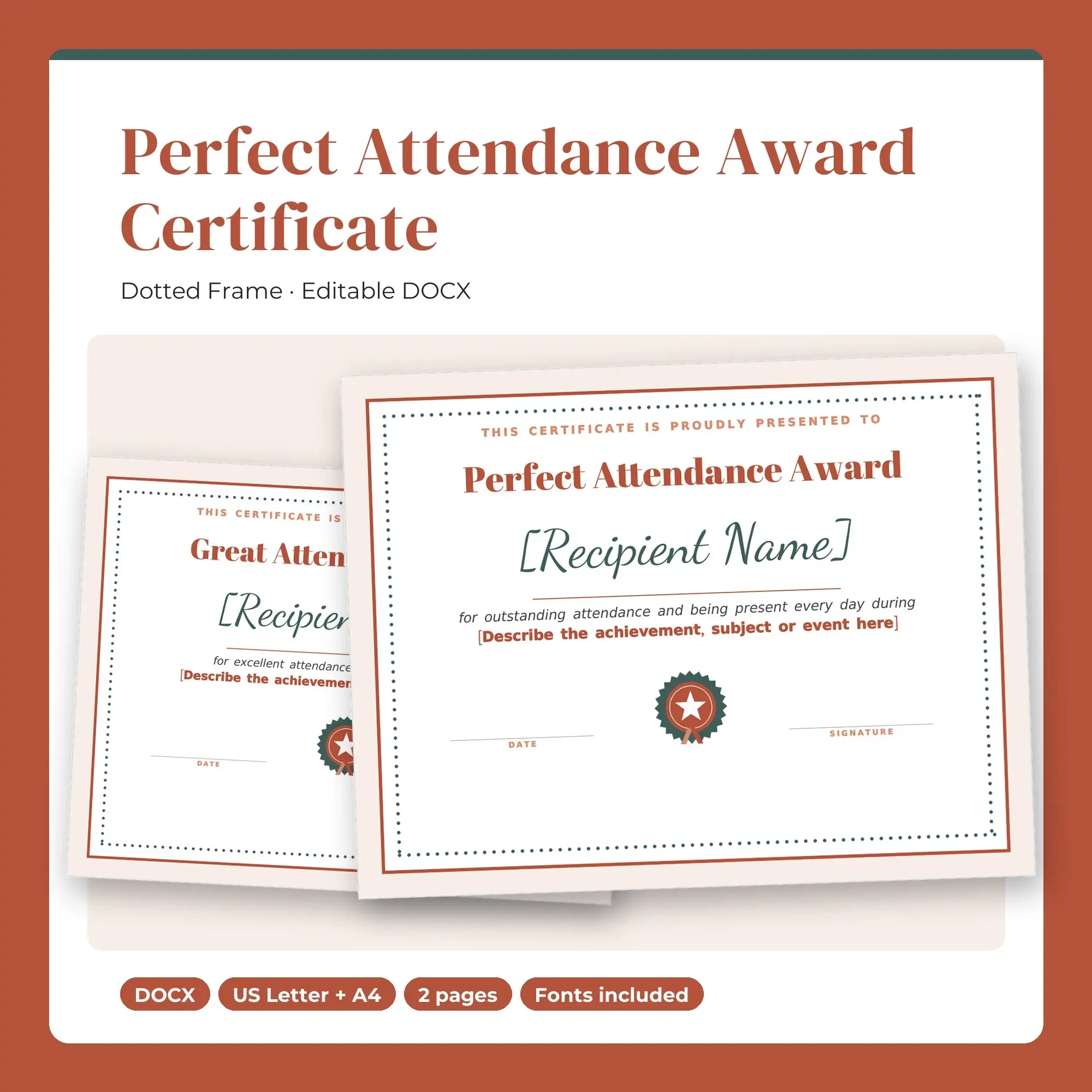 Perfect Attendance Award Certificate Template, Dotted Frame (DOCX) preview