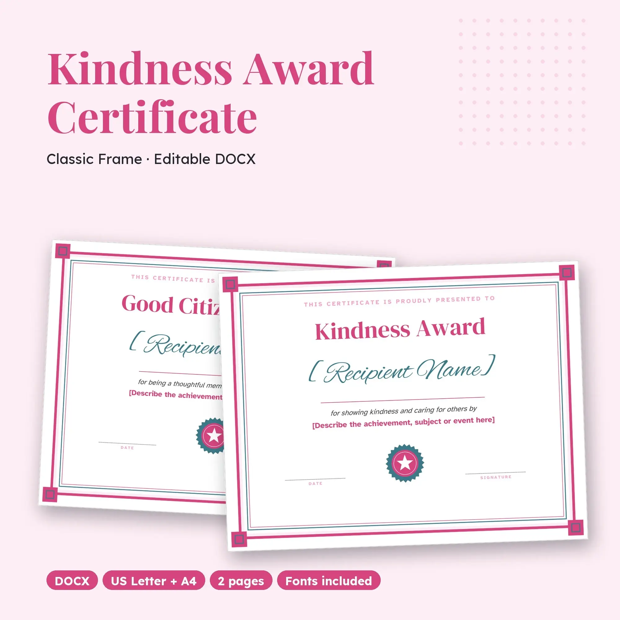 Kindness Award Certificate Template, Classic Frame (DOCX) preview