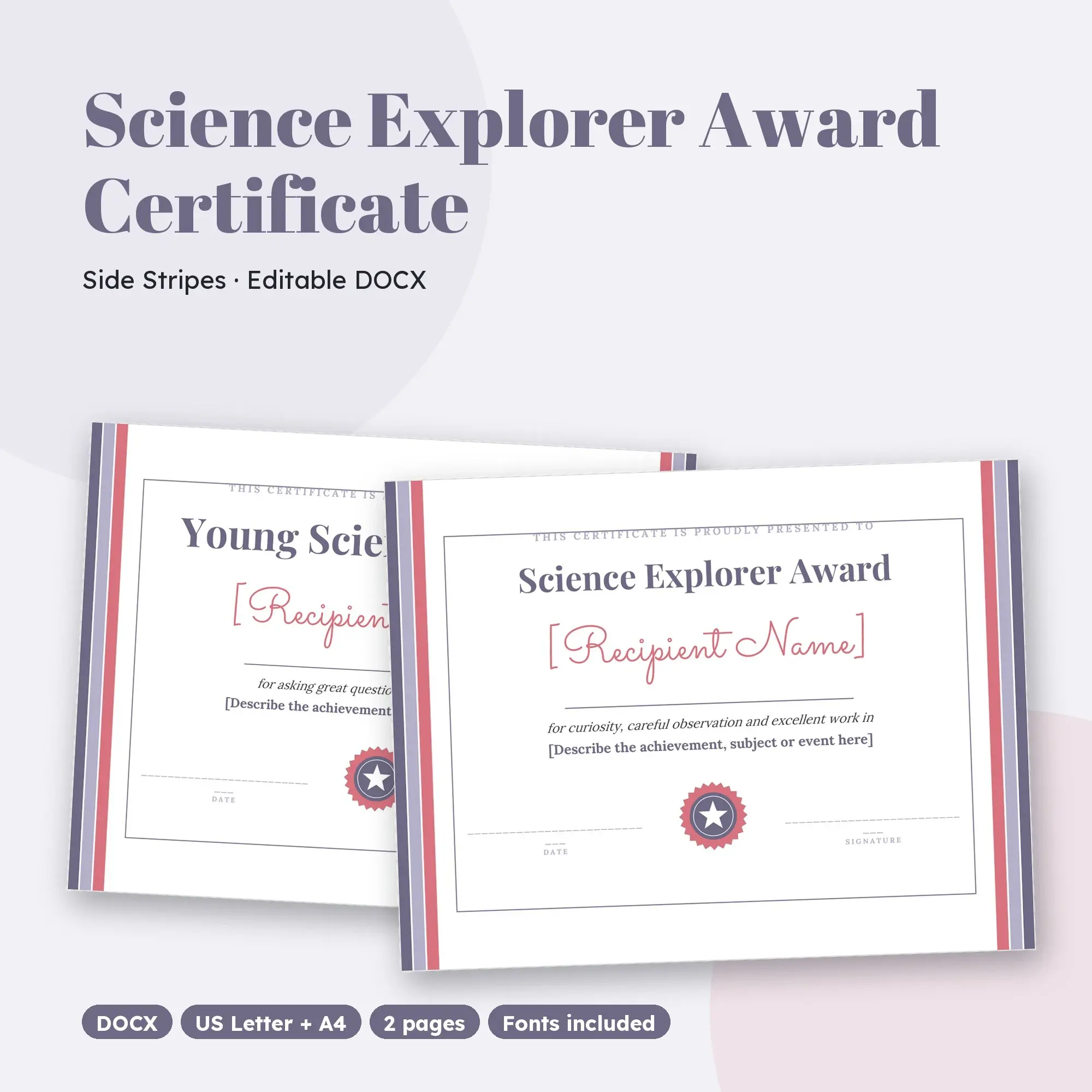 Science Explorer Award Certificate Template, Side Stripes (DOCX) preview