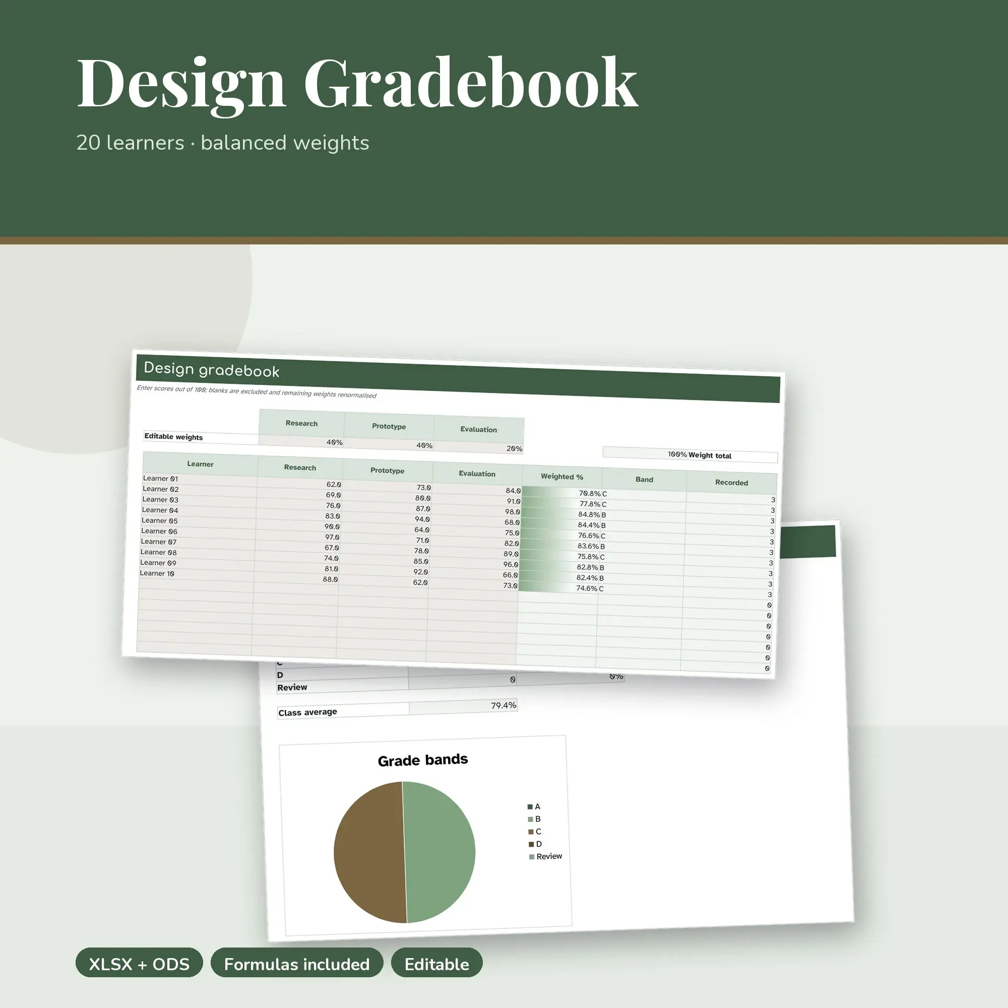Design Gradebook Spreadsheet, Balanced 20-Student Edition (XLSX + ODS) preview