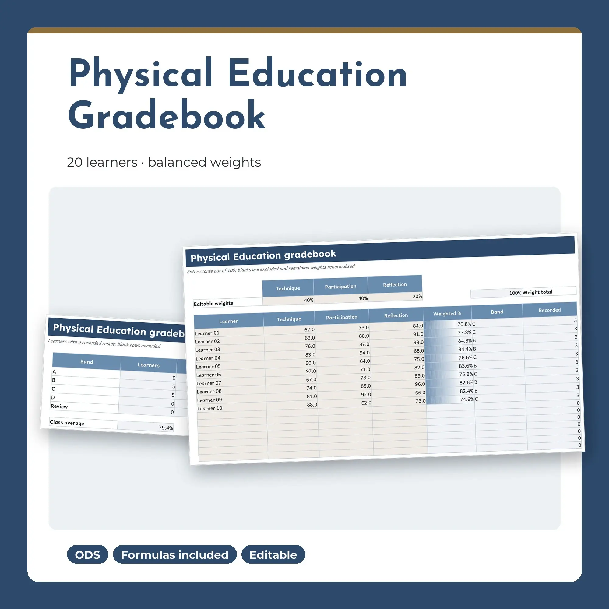 Physical Education Gradebook Spreadsheet, Balanced 20-Student Edition (ODS) preview