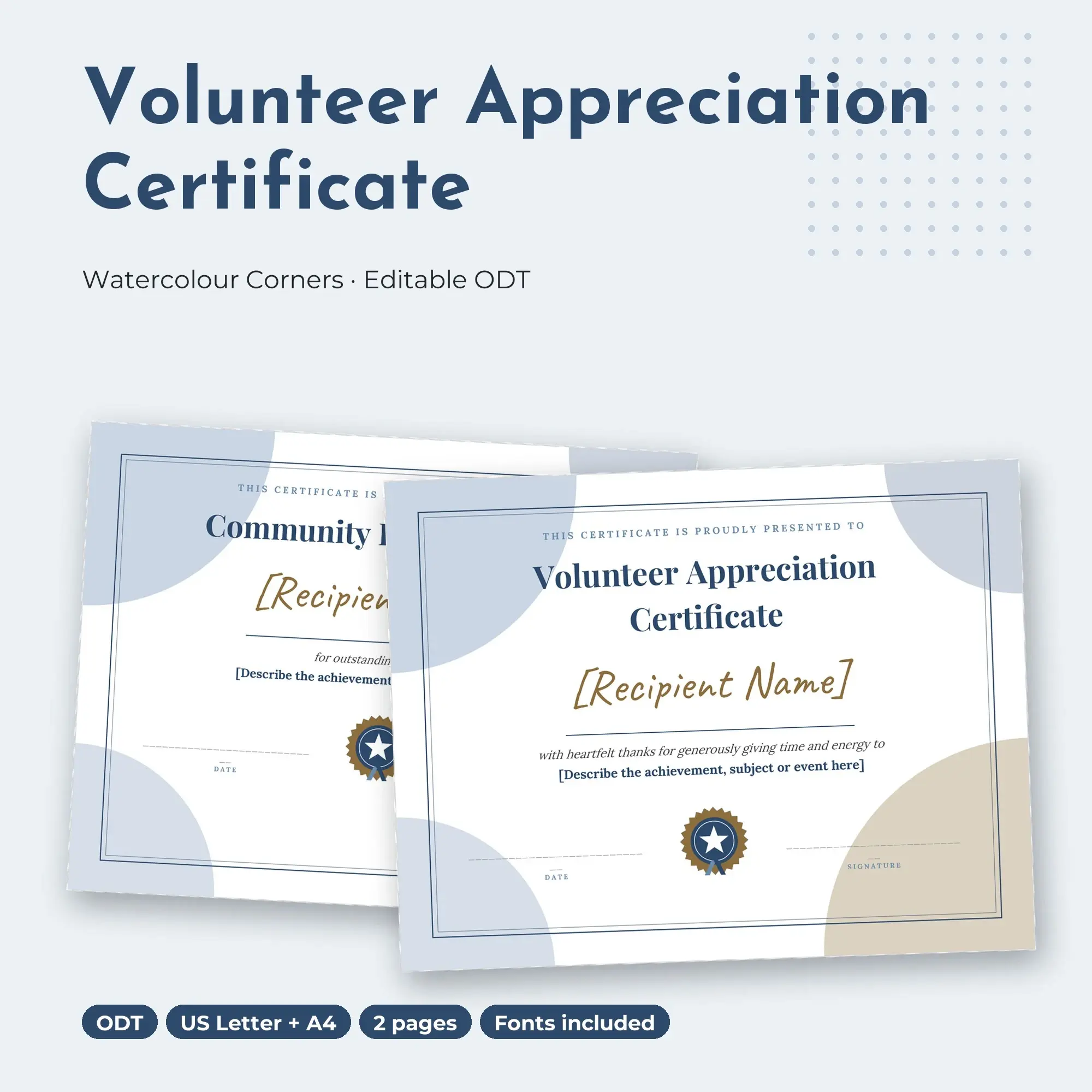 Volunteer Appreciation Certificate Template, Watercolour Corners (ODT) preview