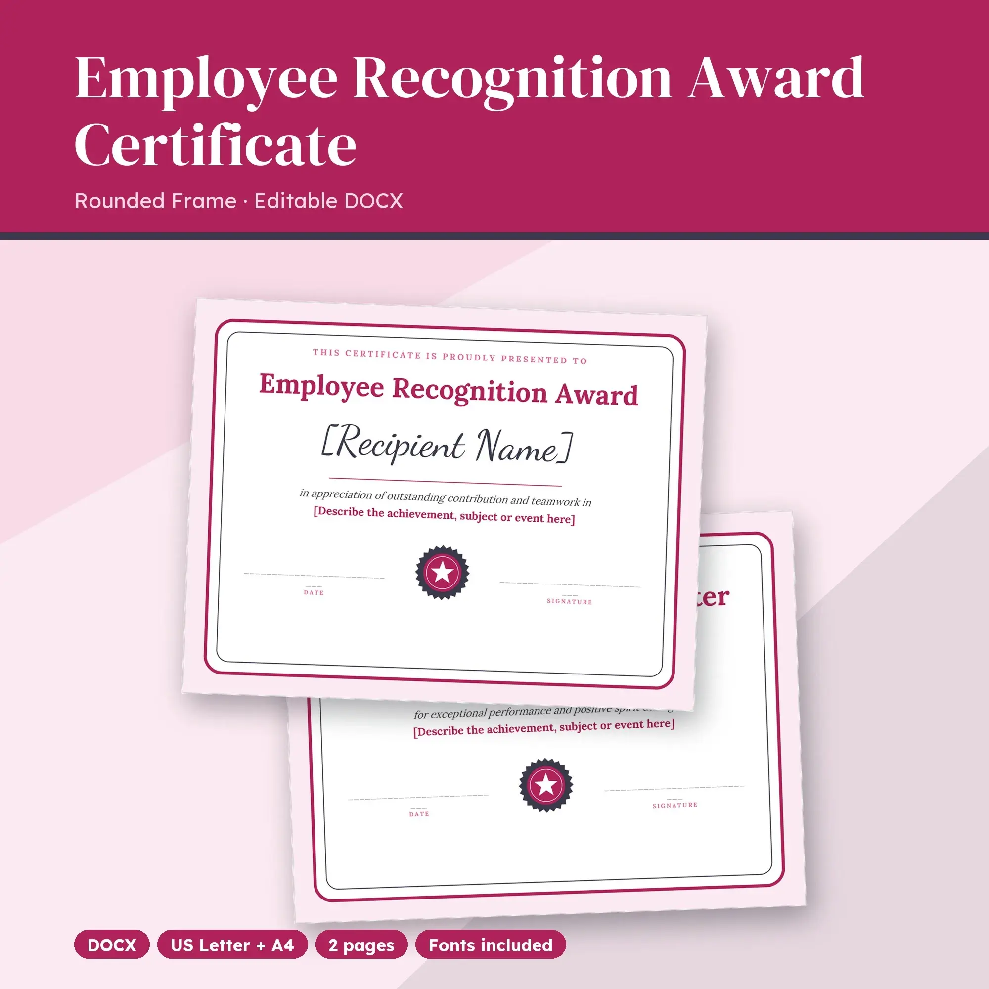 Employee Recognition Award Certificate Template, Rounded Frame (DOCX) preview