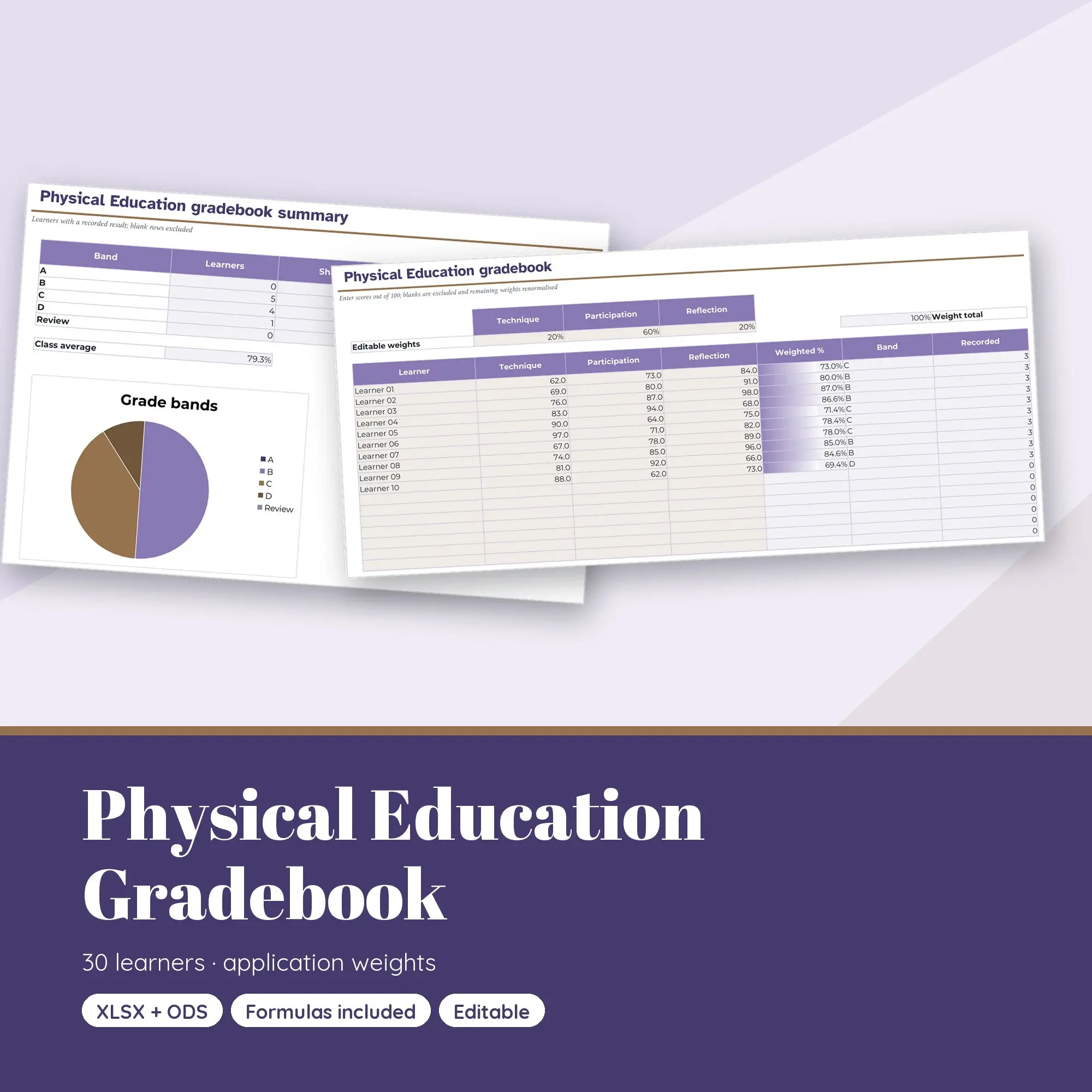 Physical Education Gradebook Spreadsheet, Application 30-Student Edition (XLSX + ODS) preview