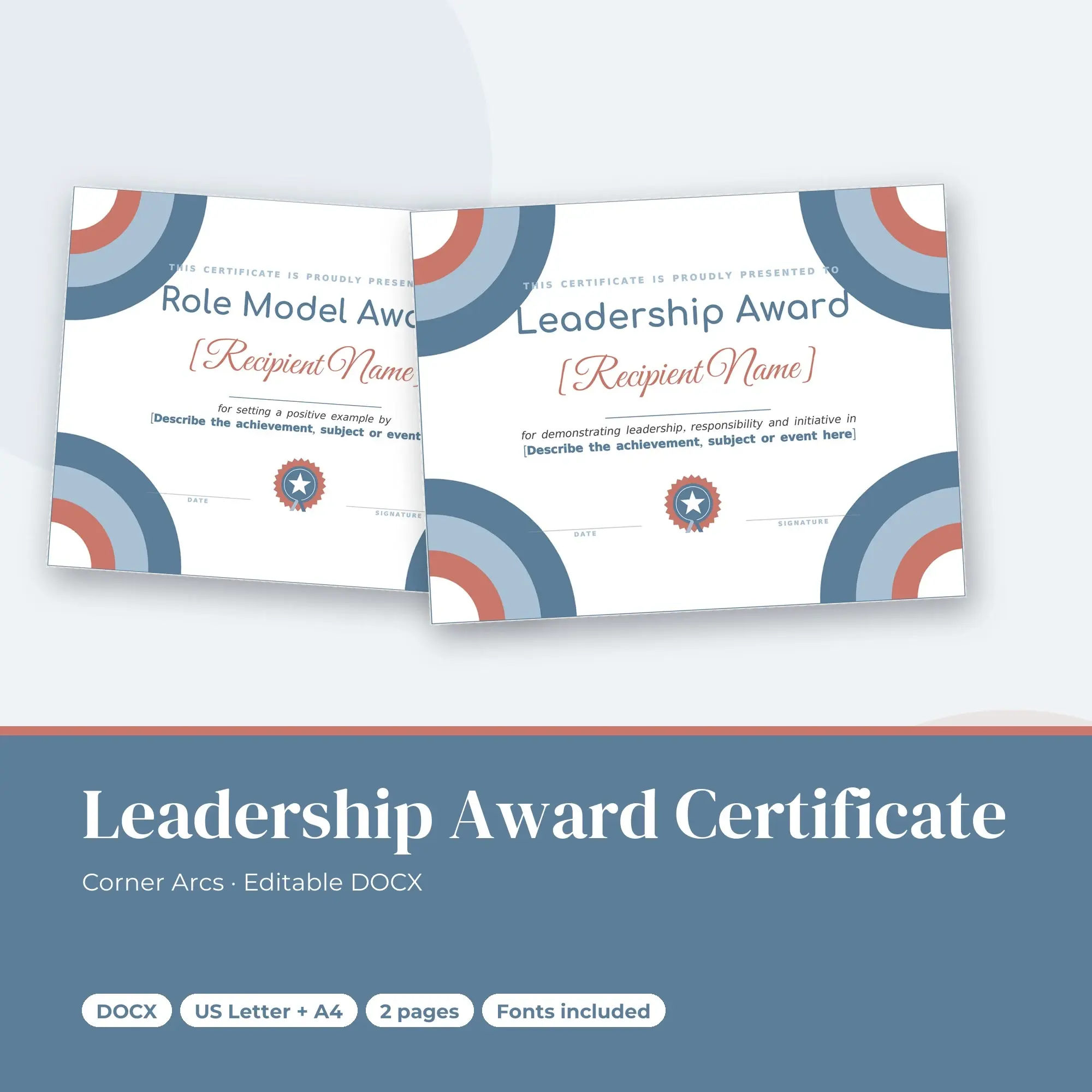 Leadership Award Certificate Template, Corner Arcs (DOCX) preview
