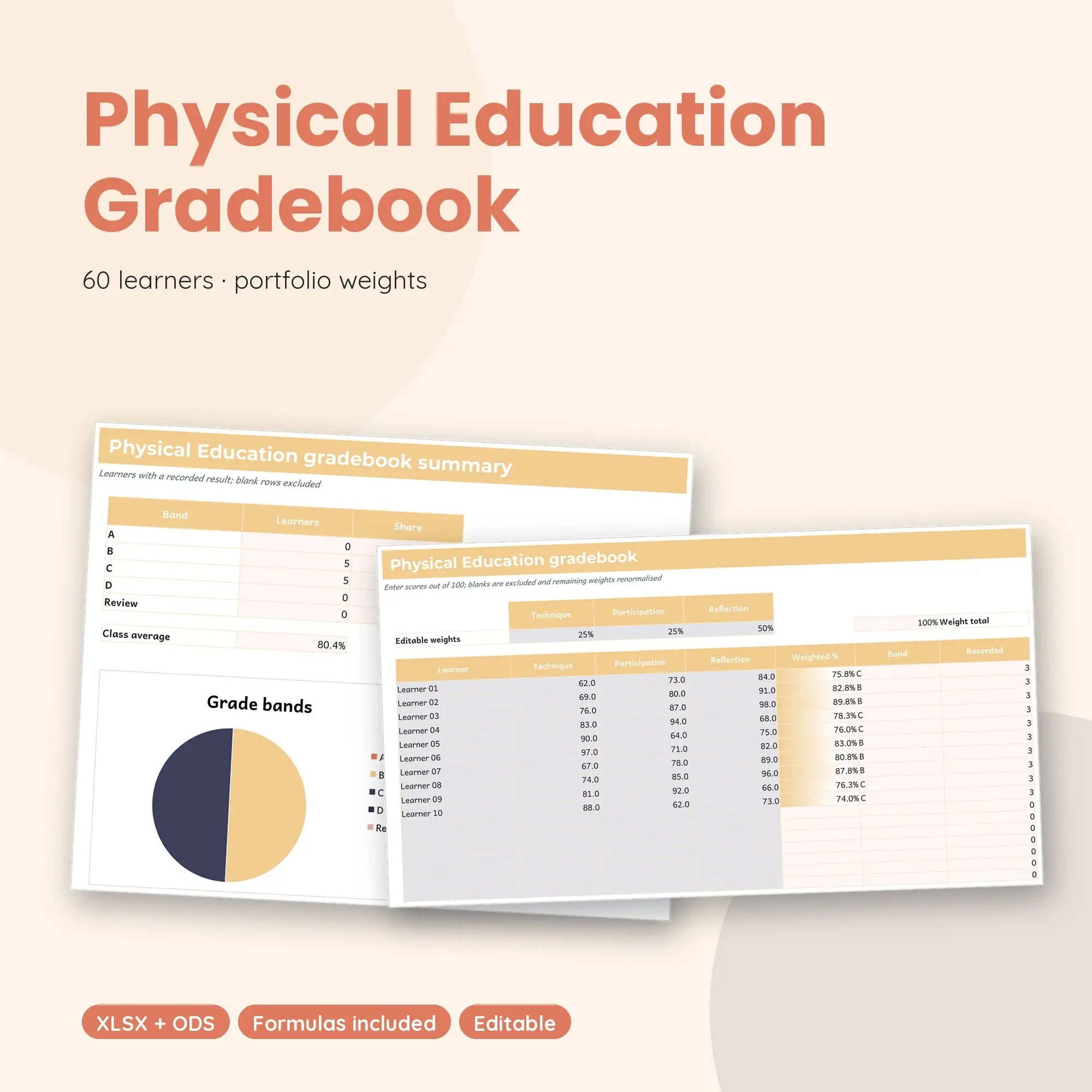 Physical Education Gradebook Spreadsheet, Portfolio 60-Student Edition (XLSX + ODS) preview