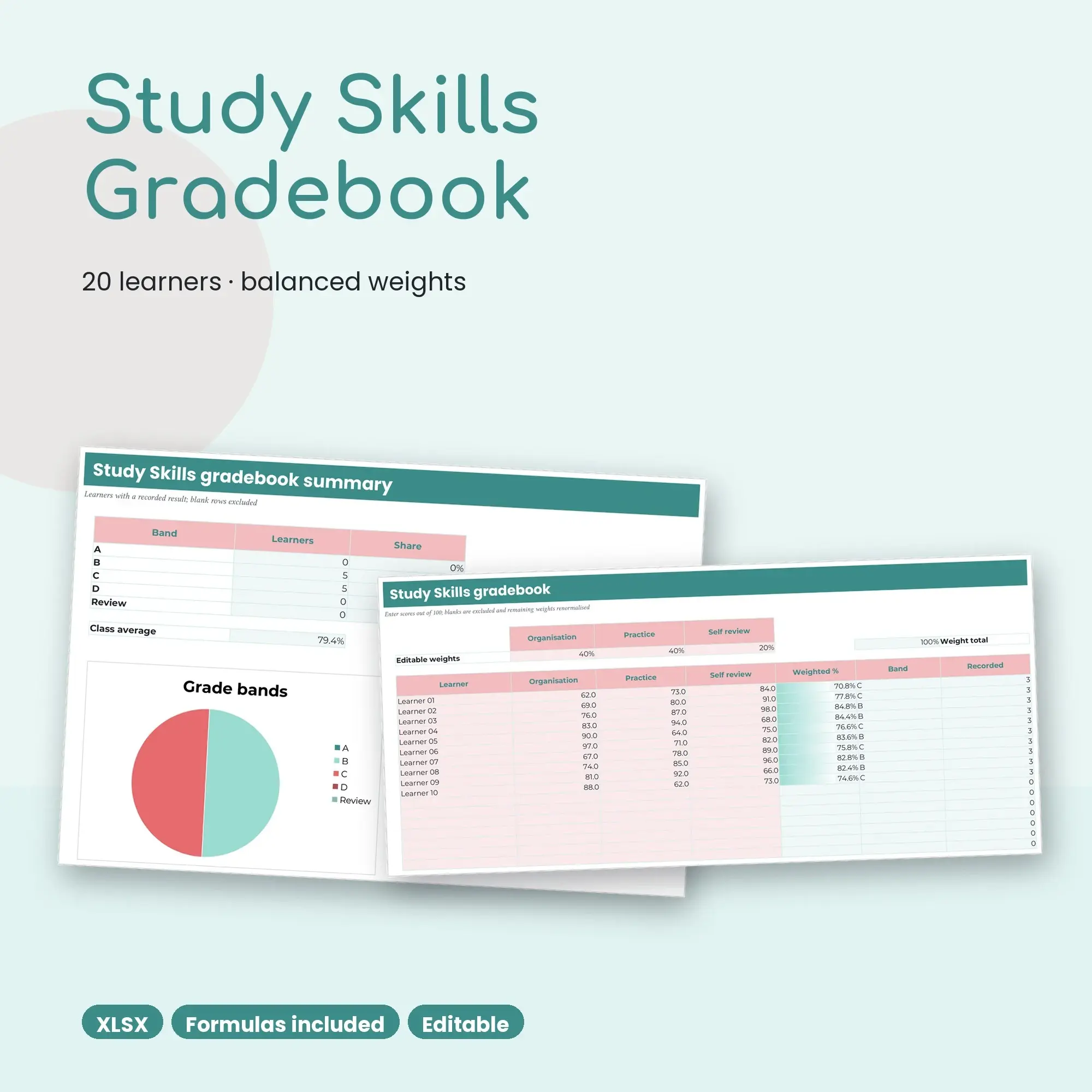 Study Skills Gradebook Spreadsheet, Balanced 20-Student Edition (XLSX) preview