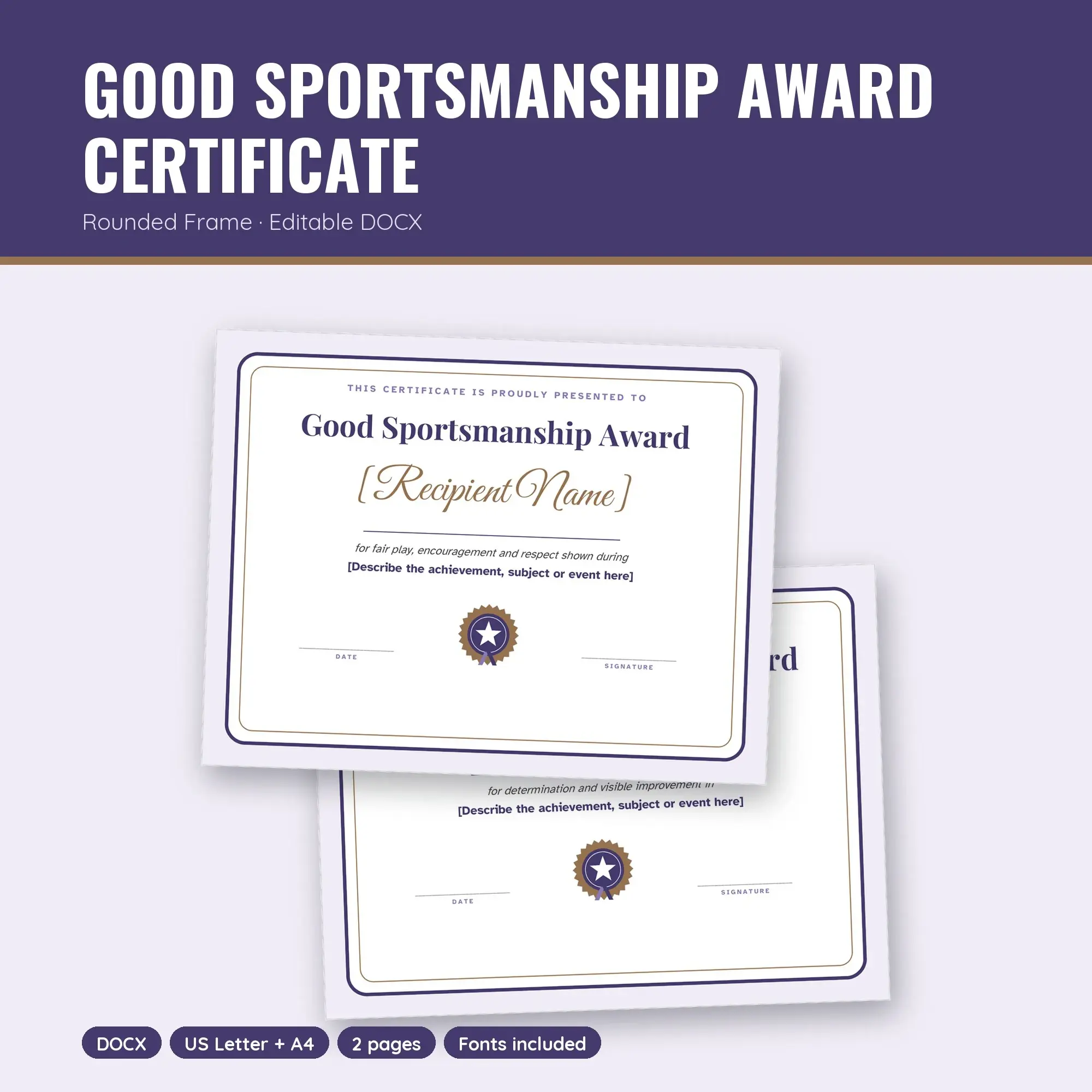 Good Sportsmanship Award Certificate Template, Rounded Frame (DOCX) preview