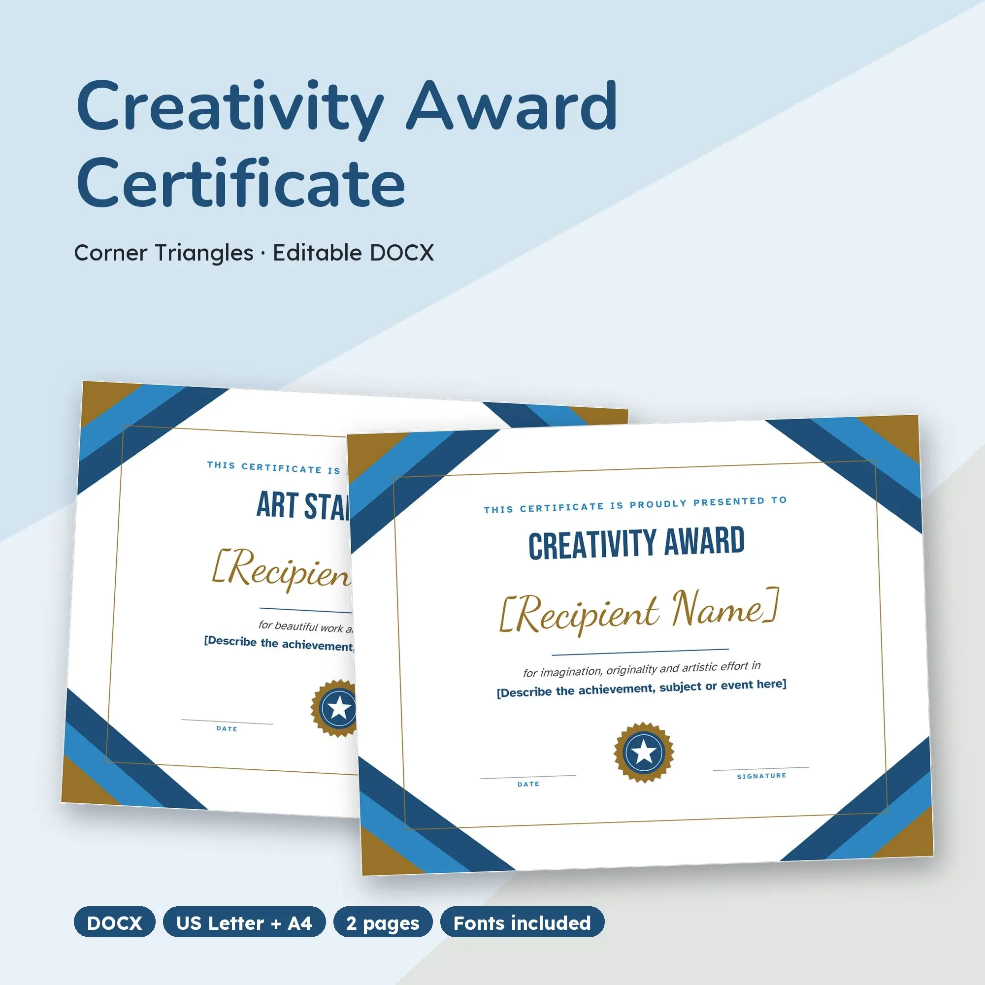 Creativity Award Certificate Template, Corner Triangles (DOCX) preview