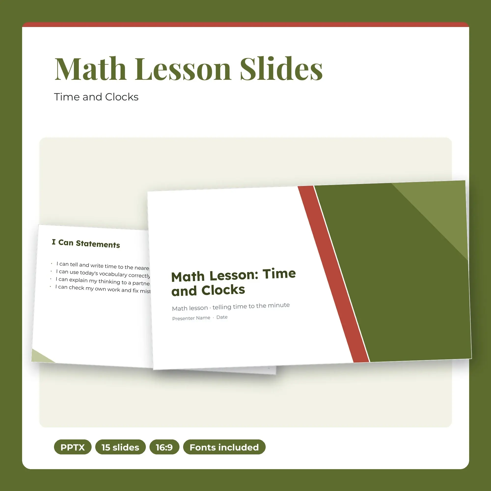 Math Lesson Slides, Time and Clocks (PPTX) preview