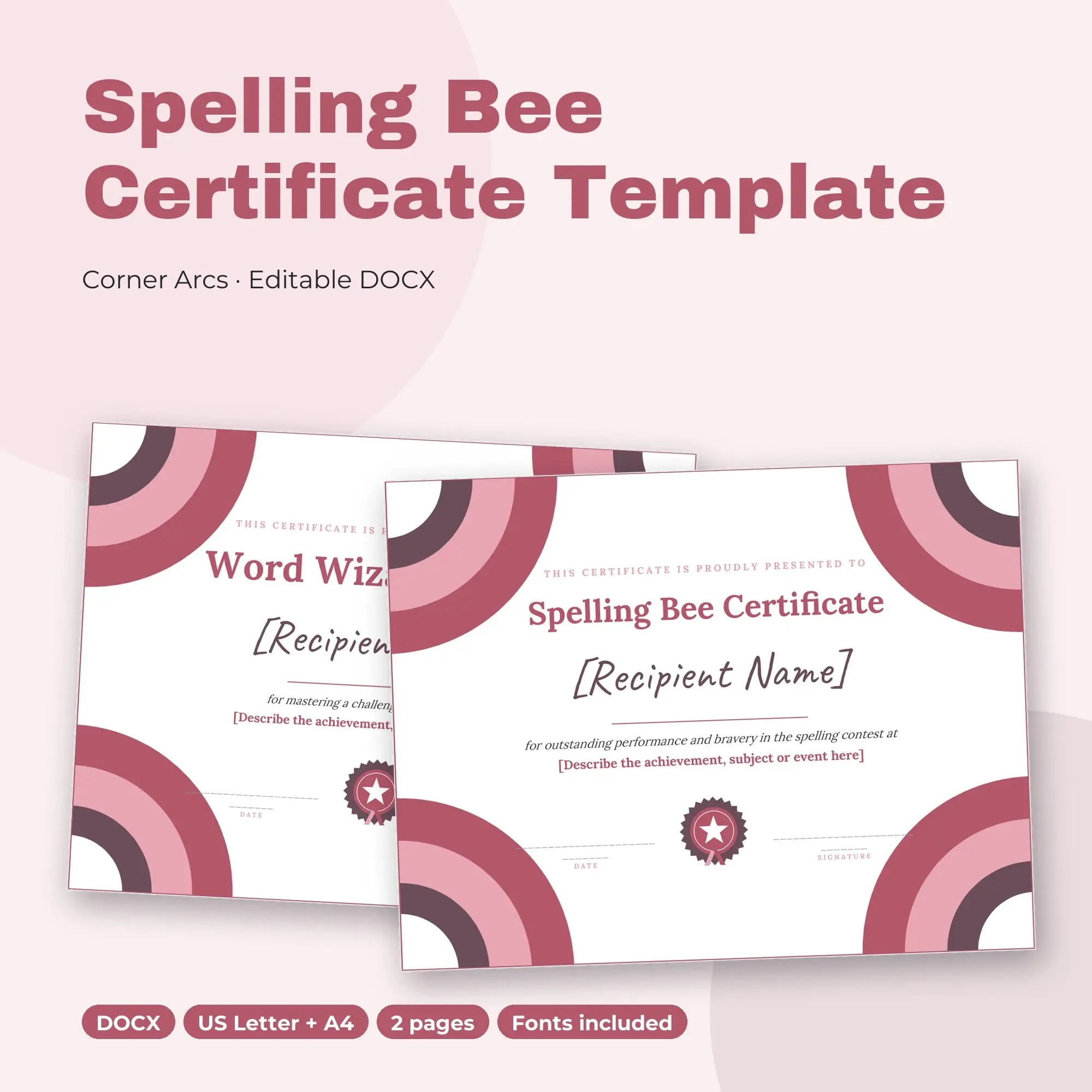 Spelling Bee Certificate Template, Corner Arcs (DOCX) preview