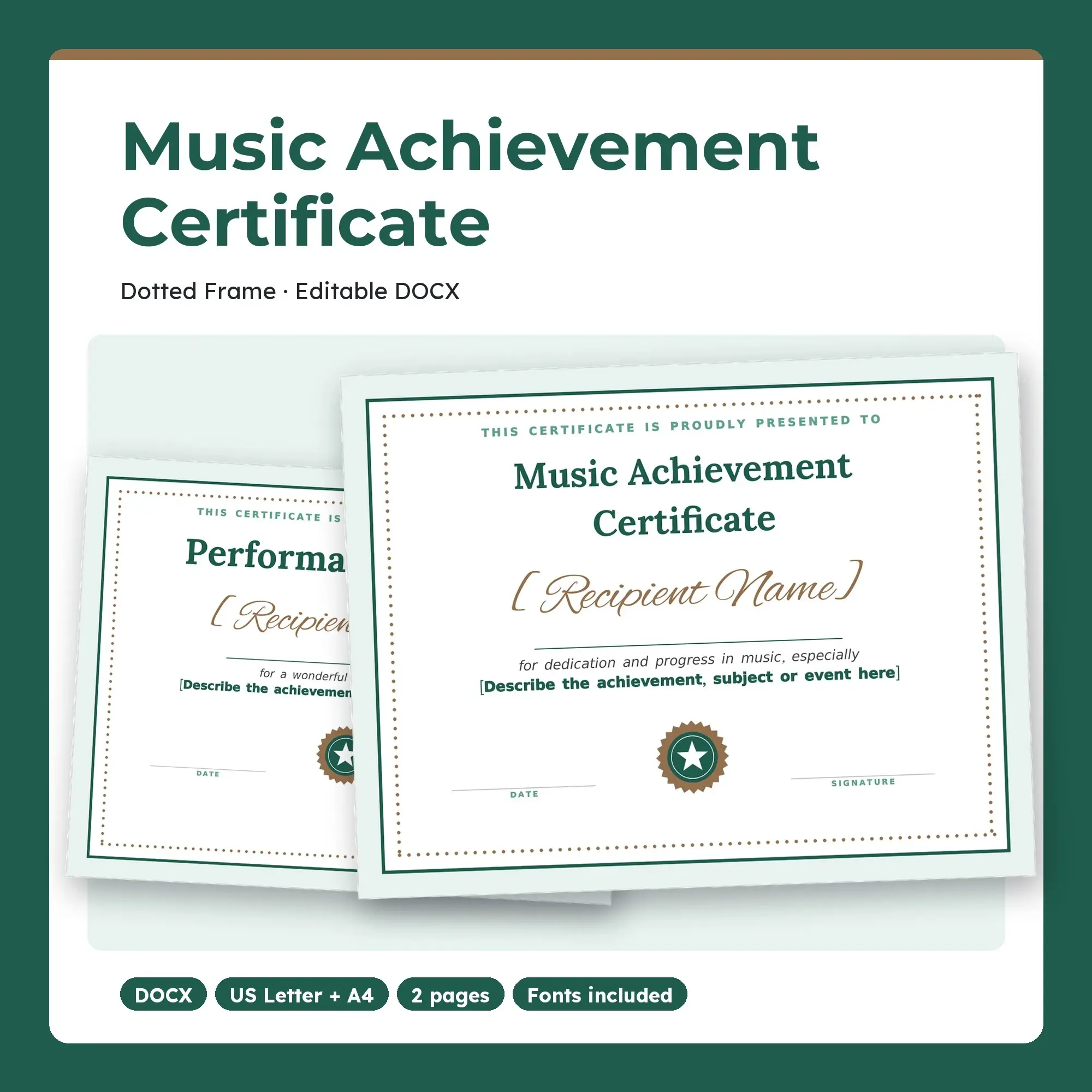 Music Achievement Certificate Template, Dotted Frame (DOCX), preview 1 of 2