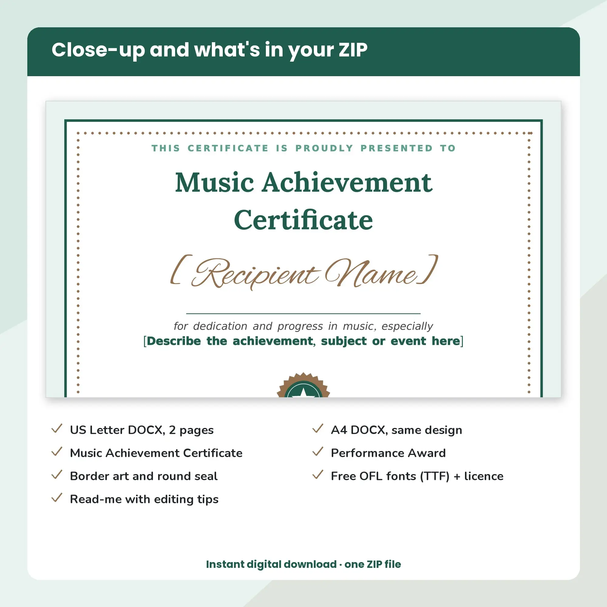Music Achievement Certificate Template, Dotted Frame (DOCX), preview 2 of 2