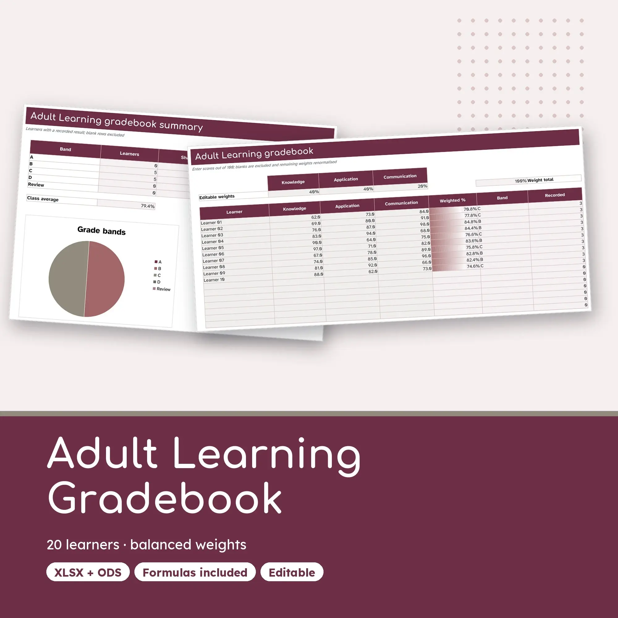 Adult Learning Gradebook Spreadsheet, Balanced 20-Student Edition (XLSX + ODS) preview