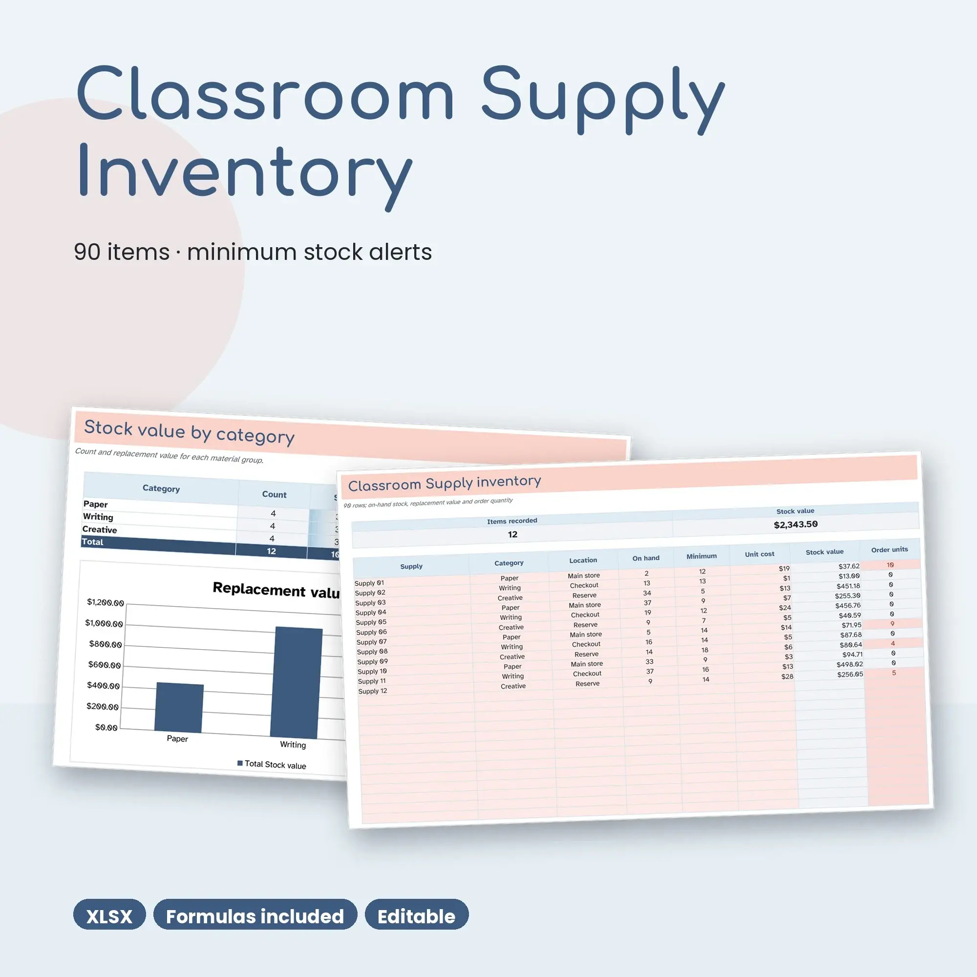 Classroom Supply Inventory Spreadsheet, Shared Store 90-Item Tracker (XLSX) preview