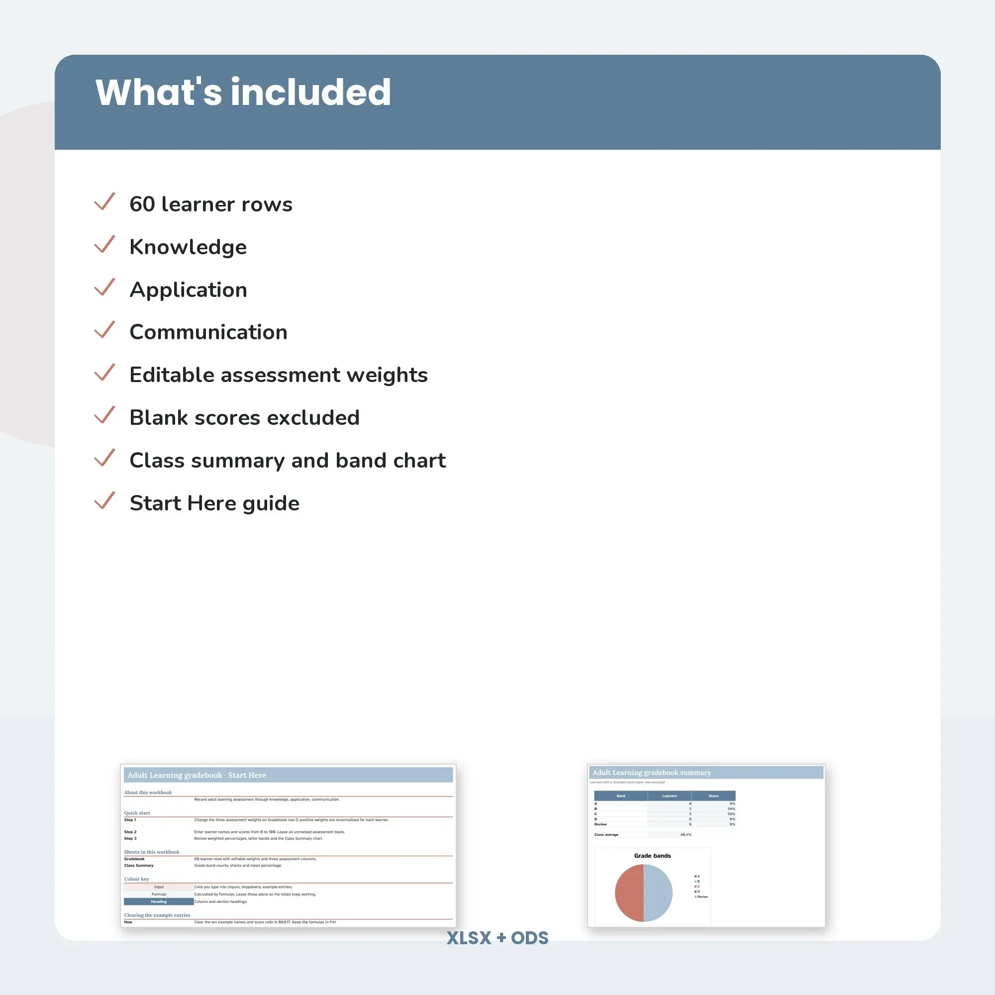 Adult Learning Gradebook Spreadsheet, Portfolio 60-Student Edition (XLSX + ODS), preview 2 of 2