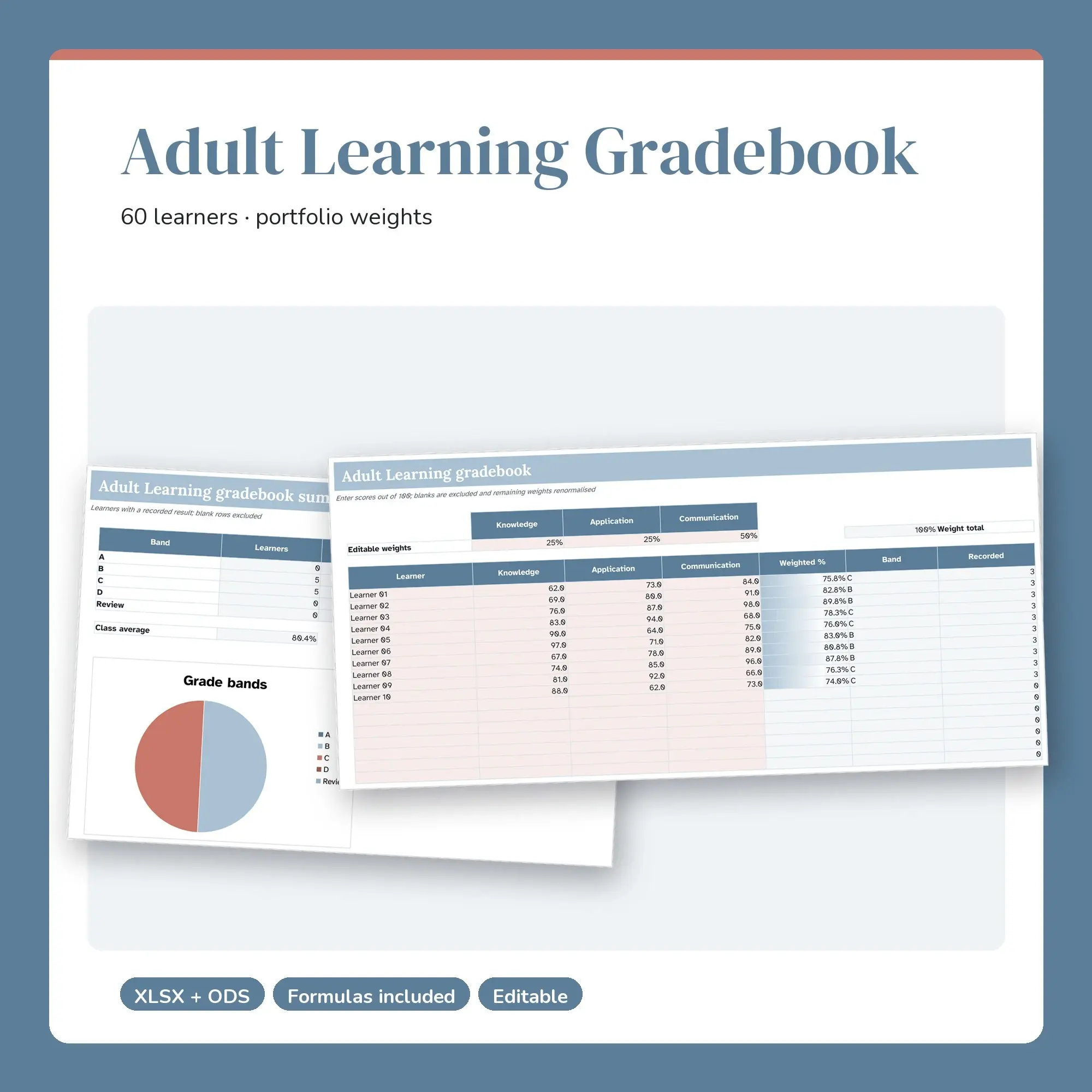 Adult Learning Gradebook Spreadsheet, Portfolio 60-Student Edition (XLSX + ODS), preview 1 of 2