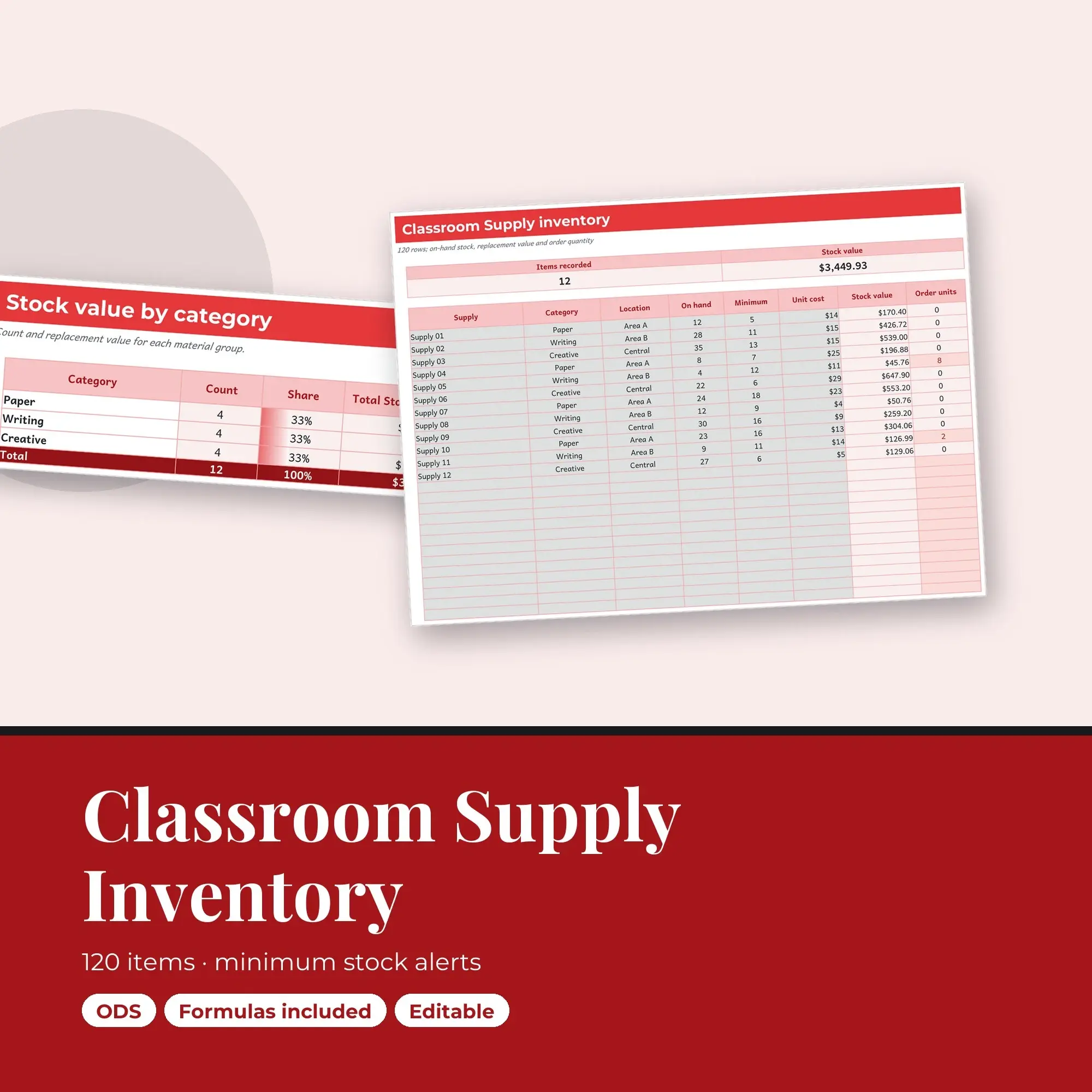 Classroom Supply Inventory Spreadsheet, Multi Area 120-Item Tracker (ODS) preview