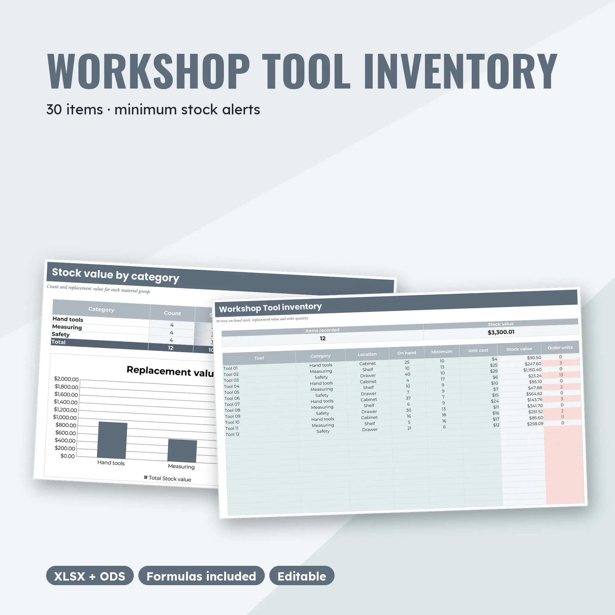 Workshop Tool Inventory Spreadsheet, Single Room 30-Item Tracker (XLSX + ODS) preview