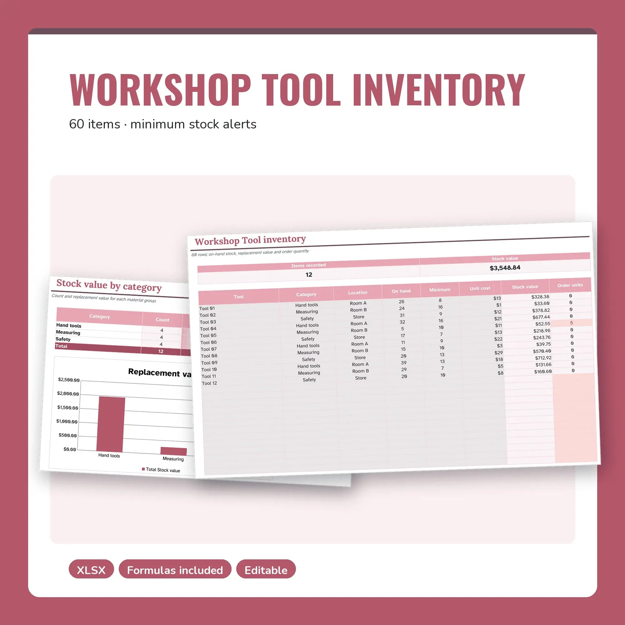 Workshop Tool Inventory Spreadsheet, Two Room 60-Item Tracker (XLSX) preview