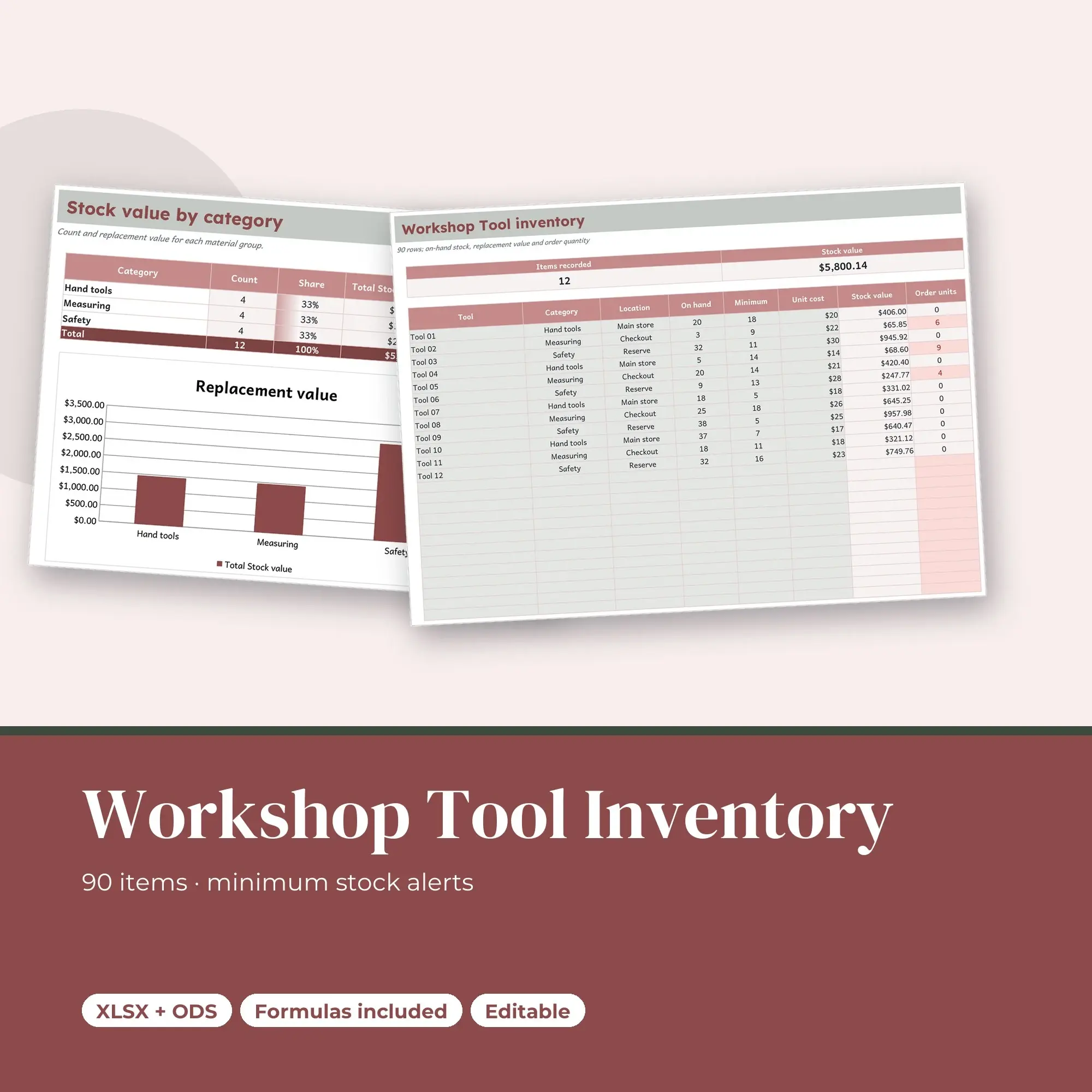 Workshop Tool Inventory Spreadsheet, Shared Store 90-Item Tracker (XLSX + ODS) preview
