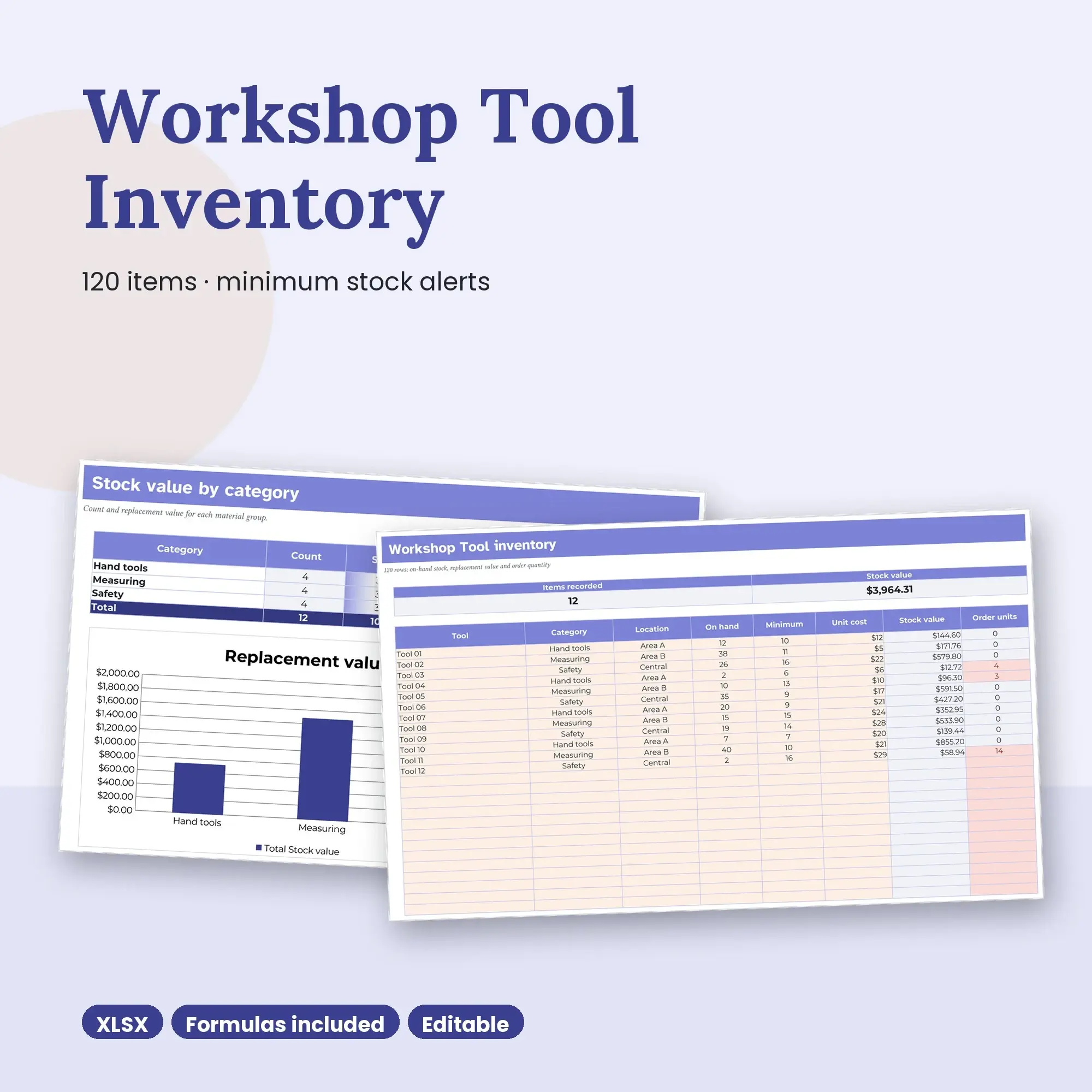 Workshop Tool Inventory Spreadsheet, Multi Area 120-Item Tracker (XLSX) preview