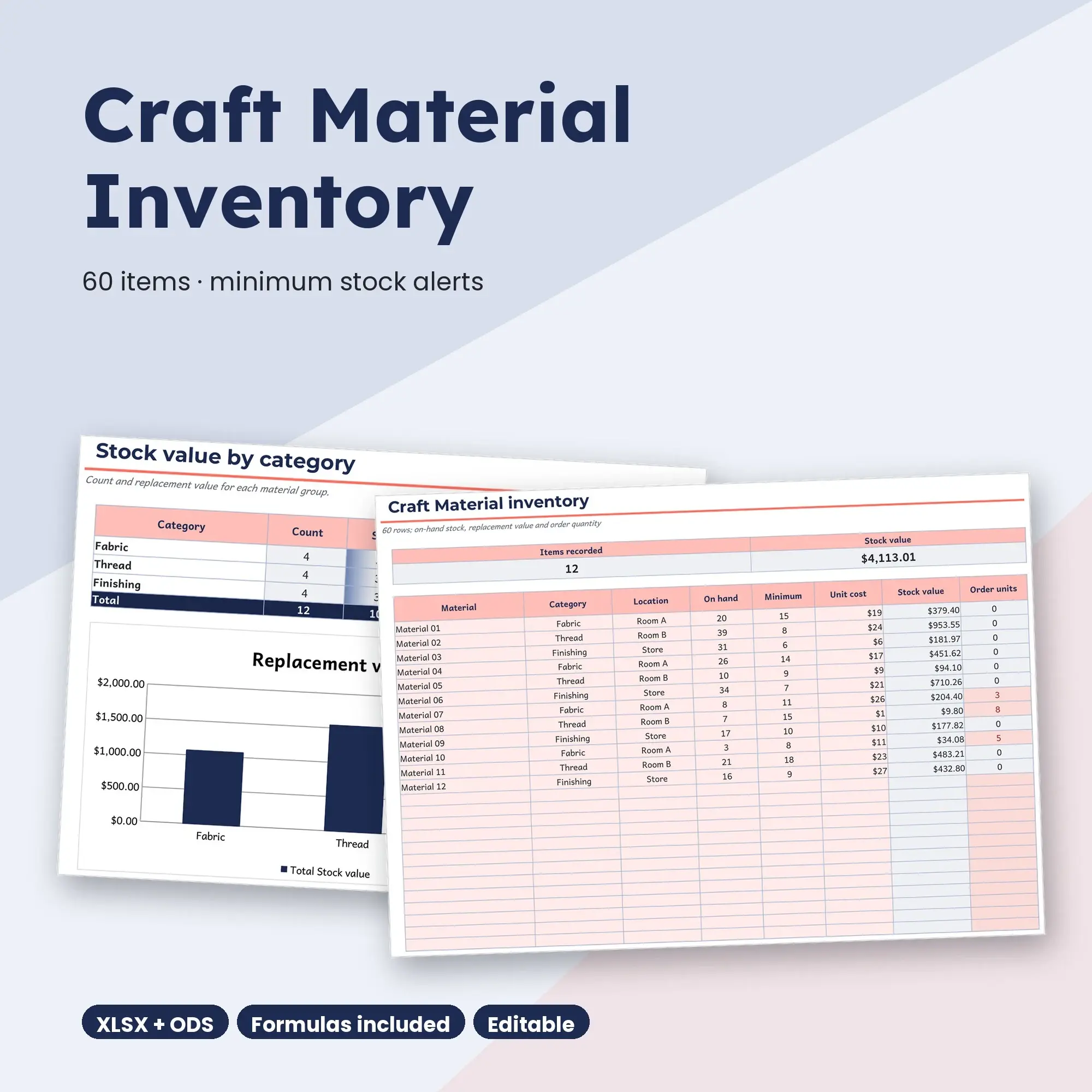Craft Material Inventory Spreadsheet, Two Room 60-Item Tracker (XLSX + ODS) preview