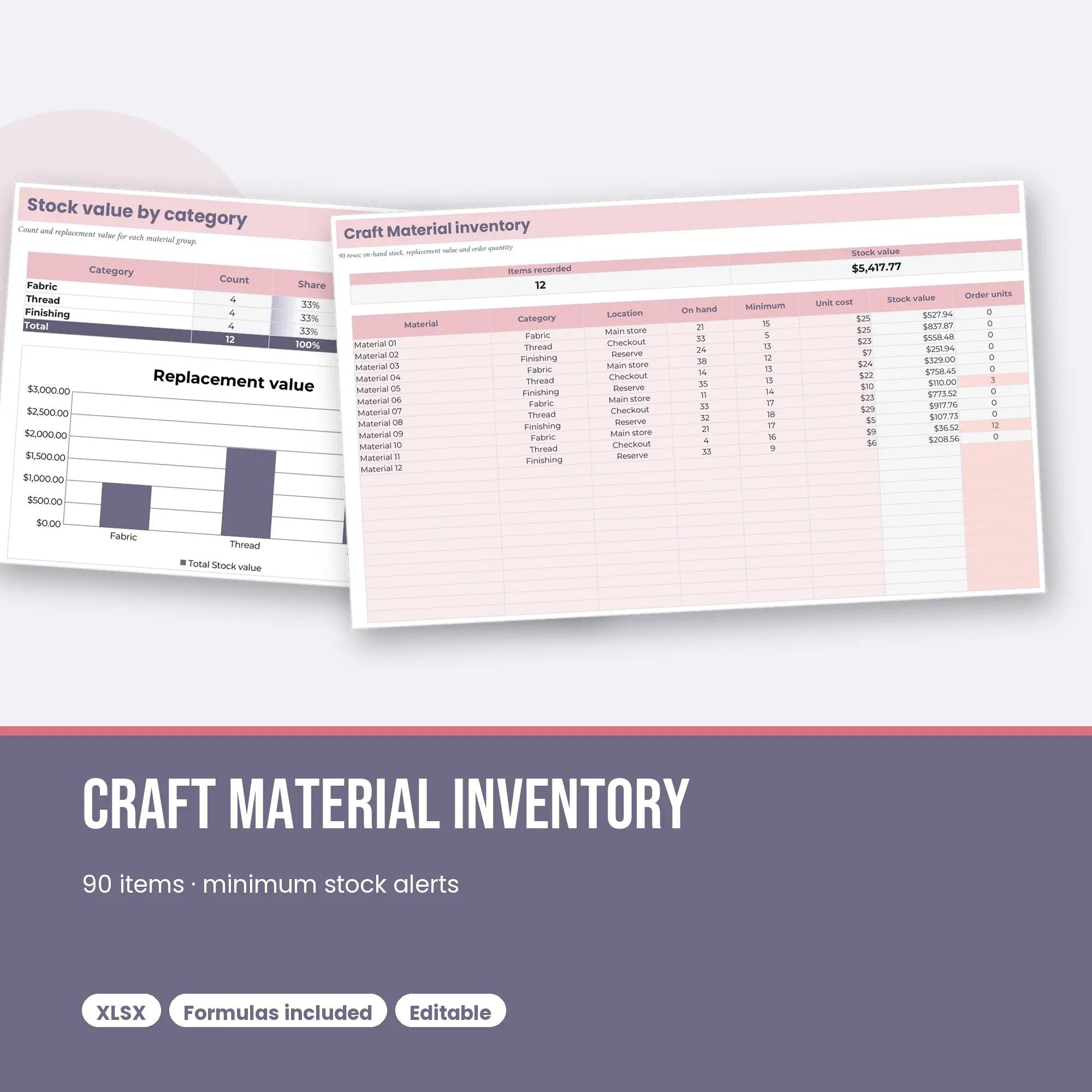 Craft Material Inventory Spreadsheet, Shared Store 90-Item Tracker (XLSX) preview
